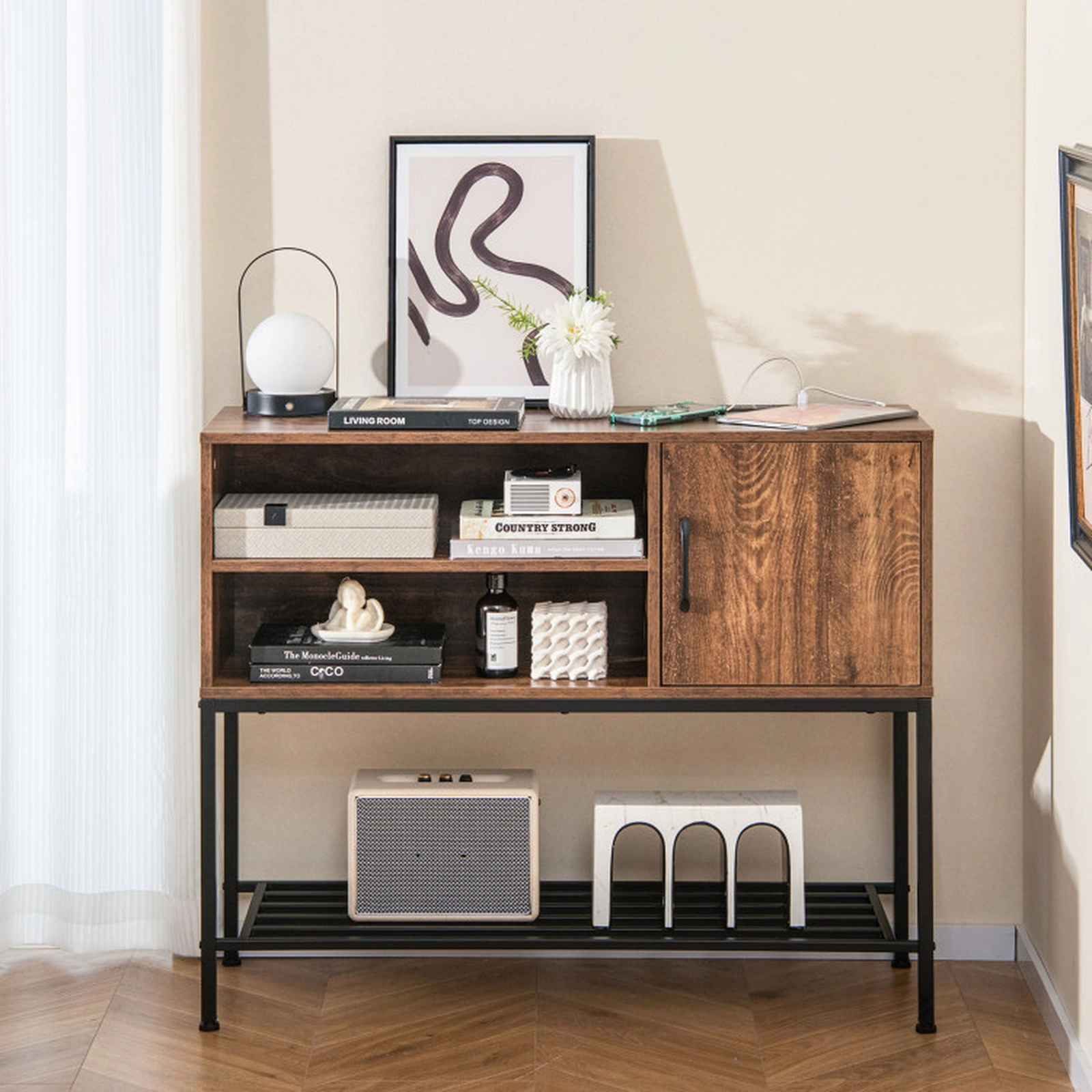 SUGIFT 40-in 110-lb Tabletop Rustic Brown Buffet Sideboard Coffee Bar Cabinet with Power Outlets and USB Ports
