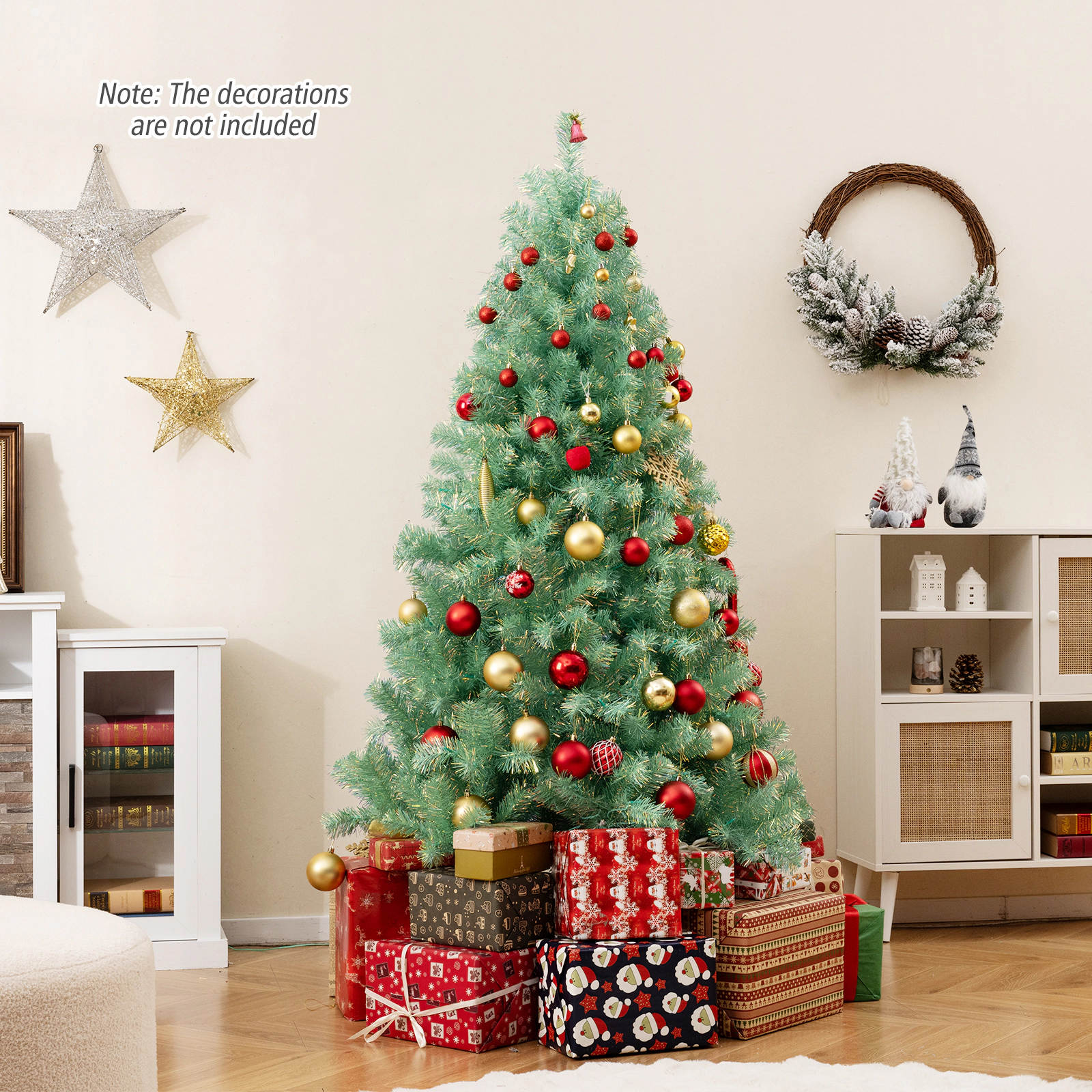 SUGIFT 6 ft Green Pre-Lit Tinsel Christmas Tree with 688 Branch Tips and 250 LED Lights