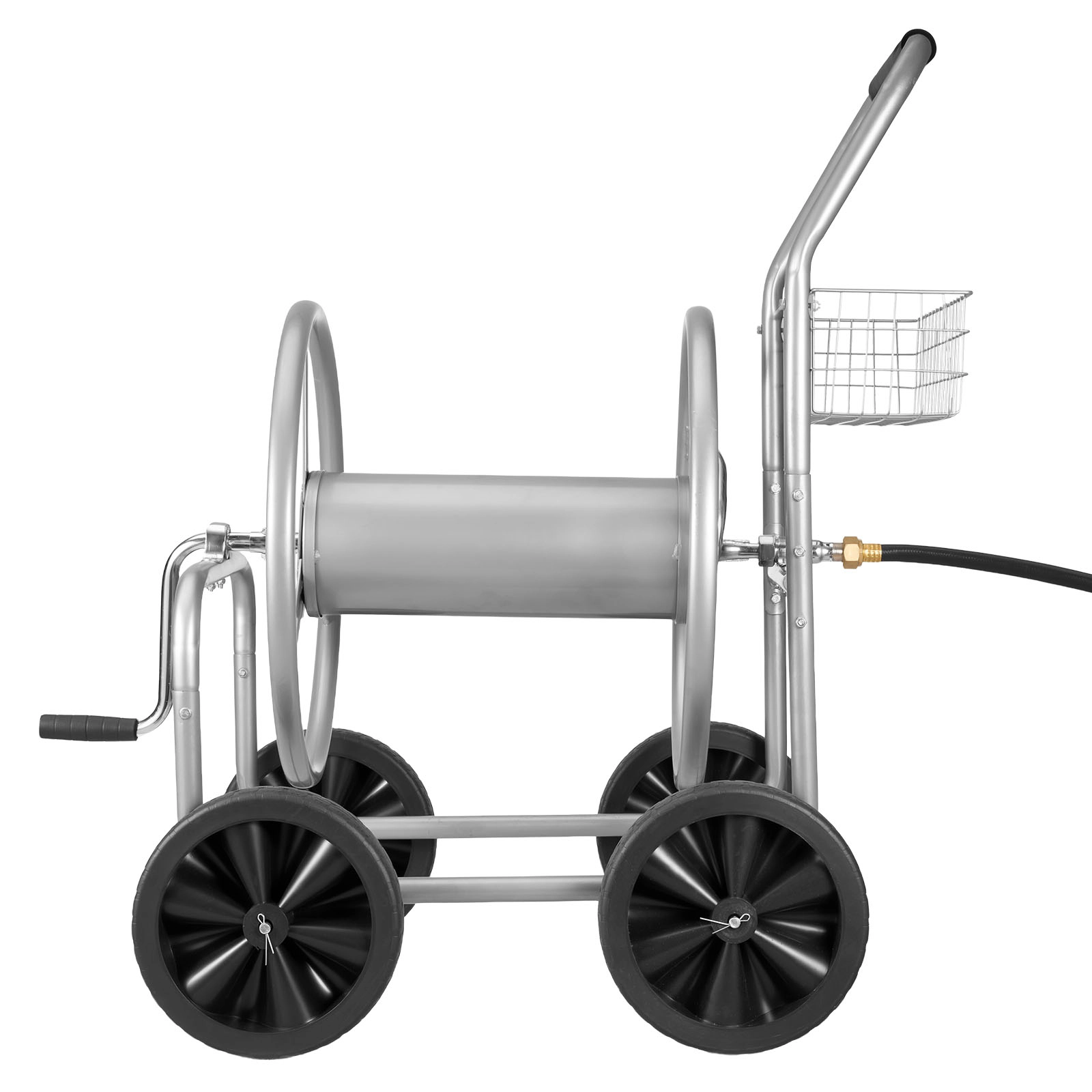 HONGGE Garden Hose Reel Cart, Holds Up to 250 ft of 5/8 in Hose, 4-Wheel Steel Cart with Storage Basket