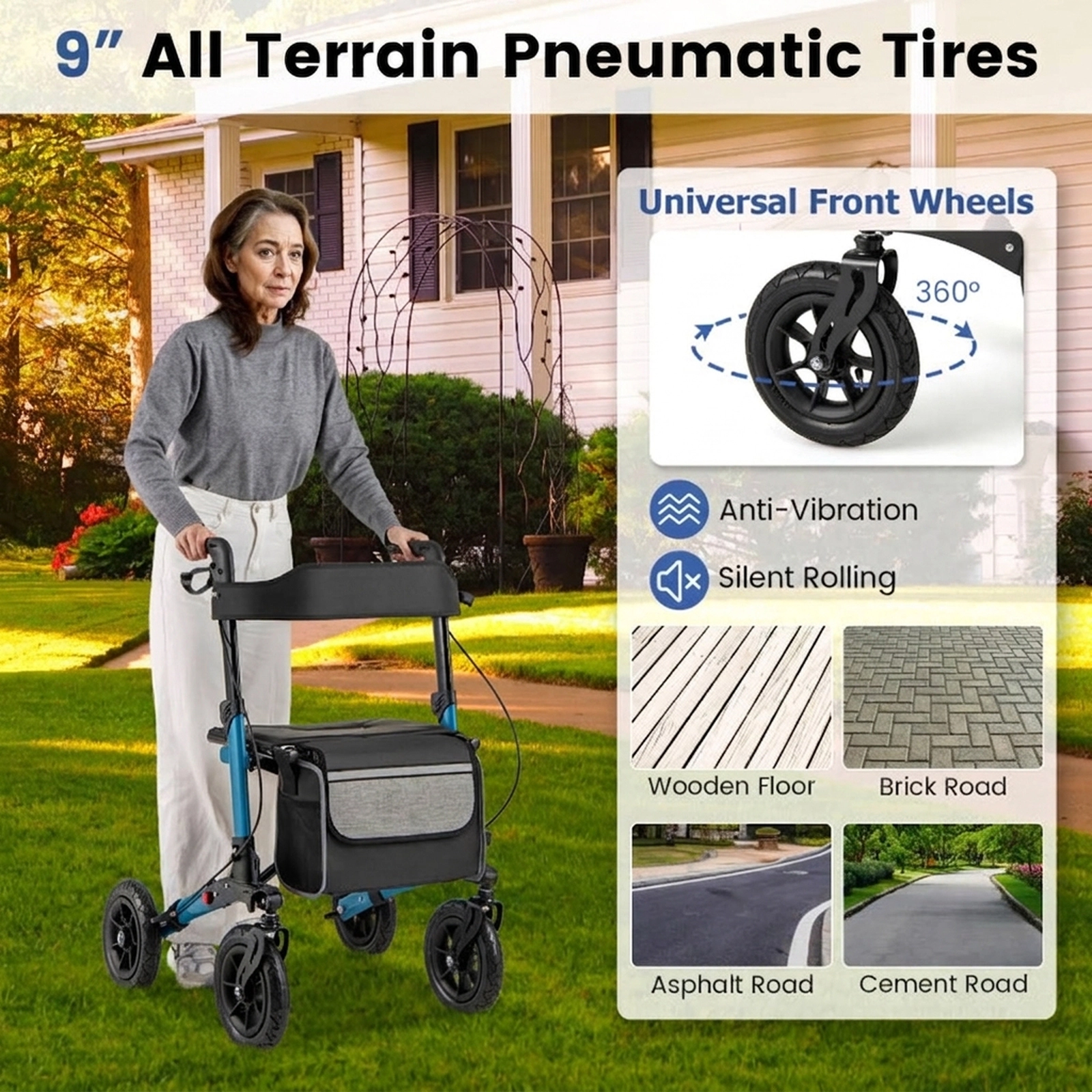 SUGIFT Folding Aluminum Rollator Walker with Seat and Storage 308-lb Capacity Adjustable Height All Terrain Navy