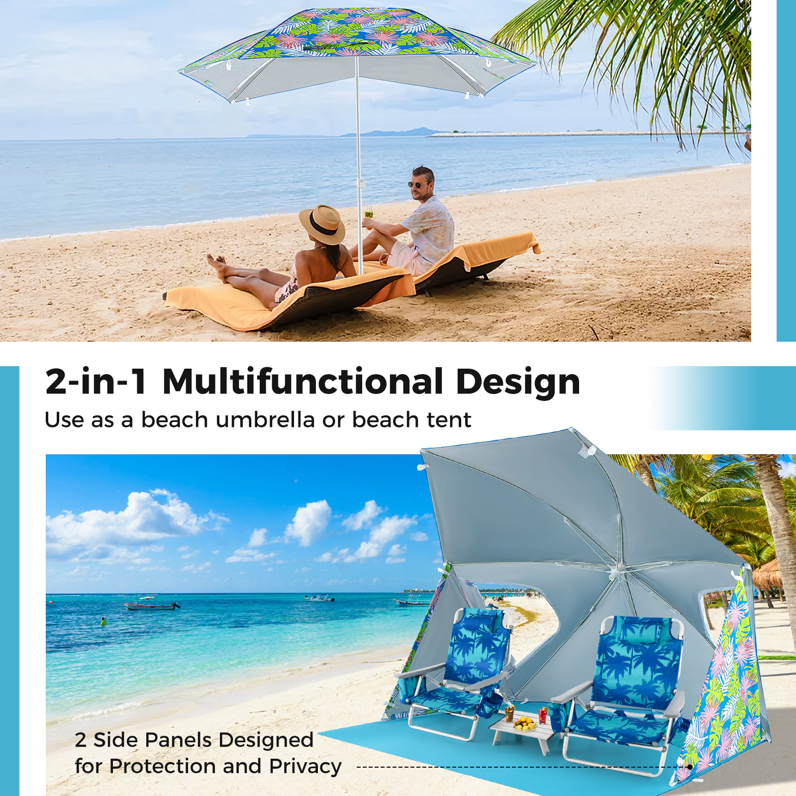 SUGIFT UPF50+ Sun Protection 2-in-1 Beach Umbrella Tent with Portable Carrying Bag Blue