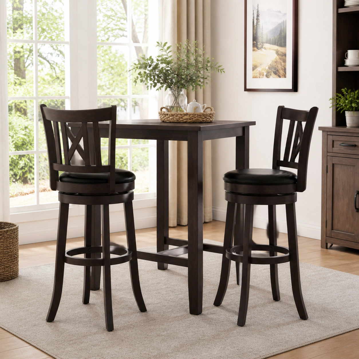 SUGIFT Set of 2 30-in Dark Chocolate Swivel Bar Stools, Hollow Back and Footrest