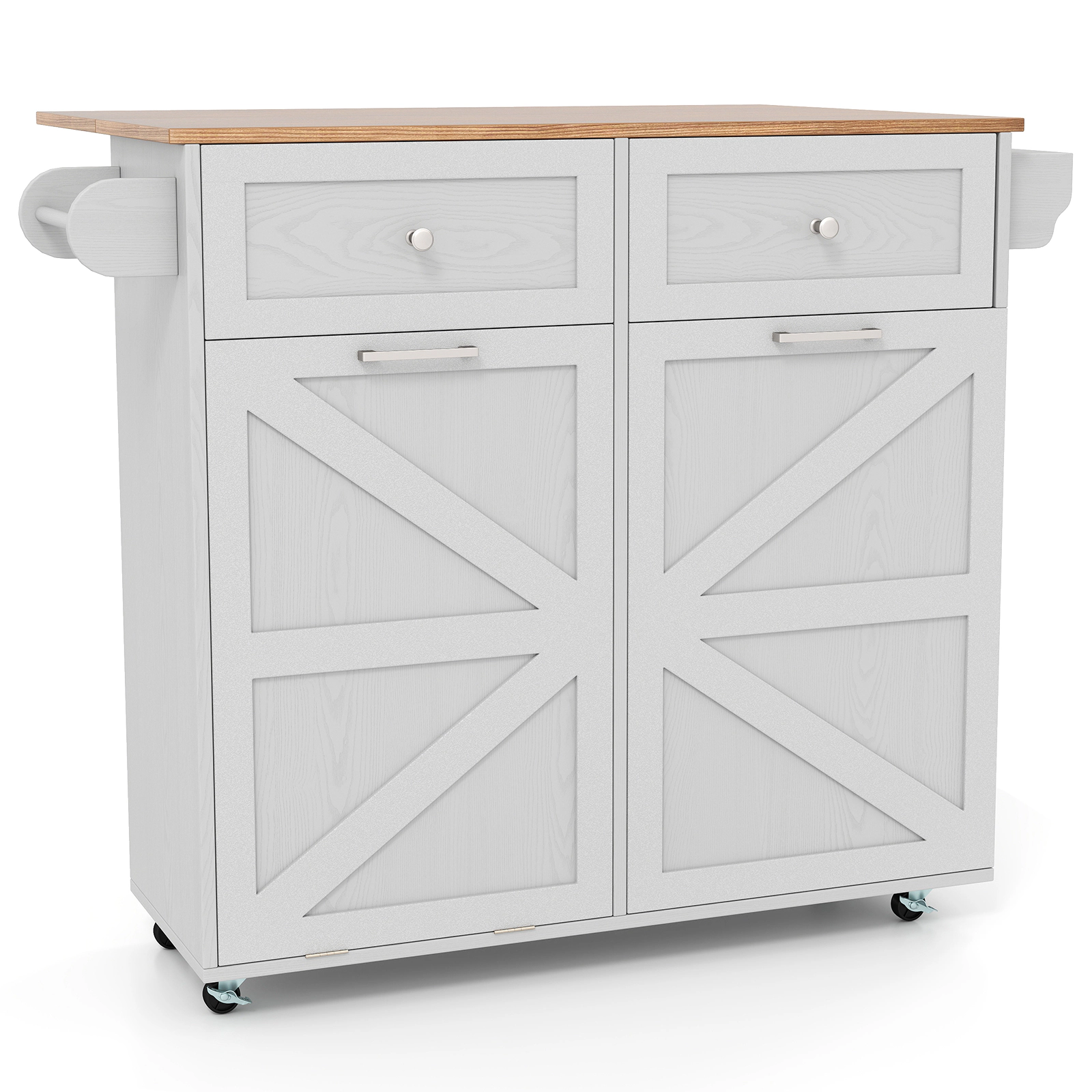 SUGIFT Rolling Kitchen Island Gray with Trash Can Cabinet Drop Leaf and Rubber Wheels