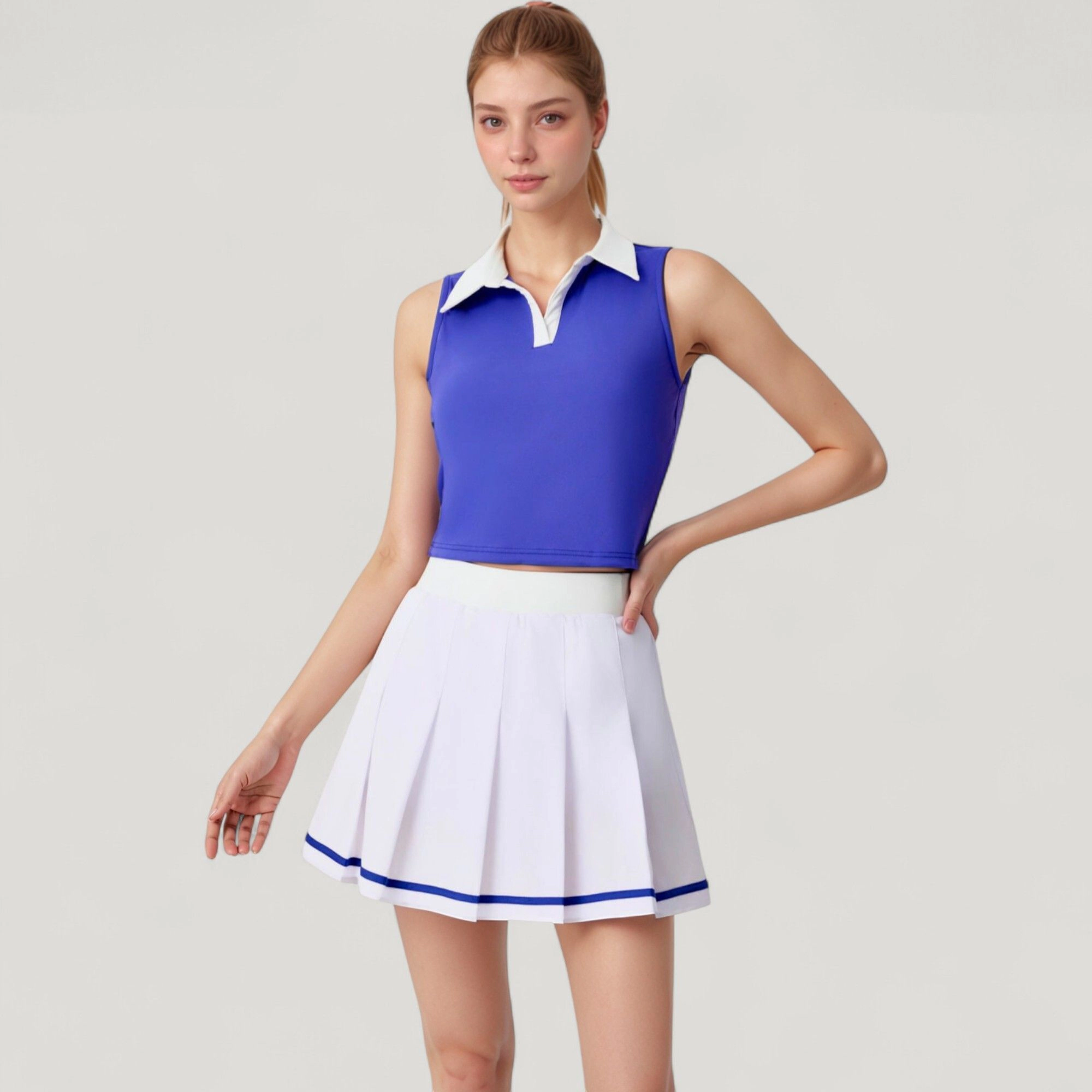 Anna-Kaci Women's Two-Piece Tennis Set with Sleeveless Polo Crop Top and Pleated High Waist Skirt