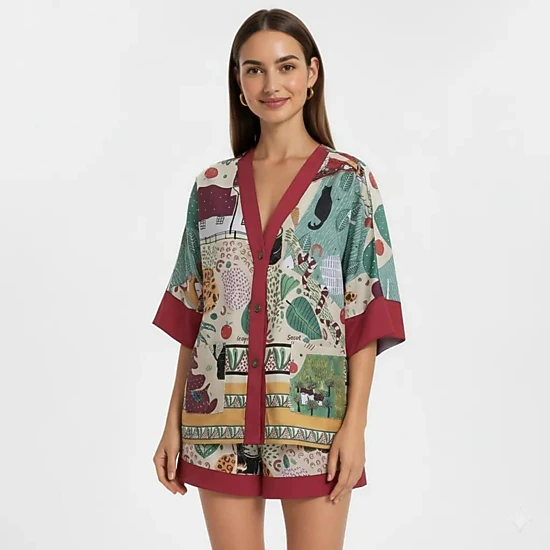 Anna-Kaci Women's Animal Print Pajama Set with Short Sleeves Button Up Top and Contrast Trim Shorts