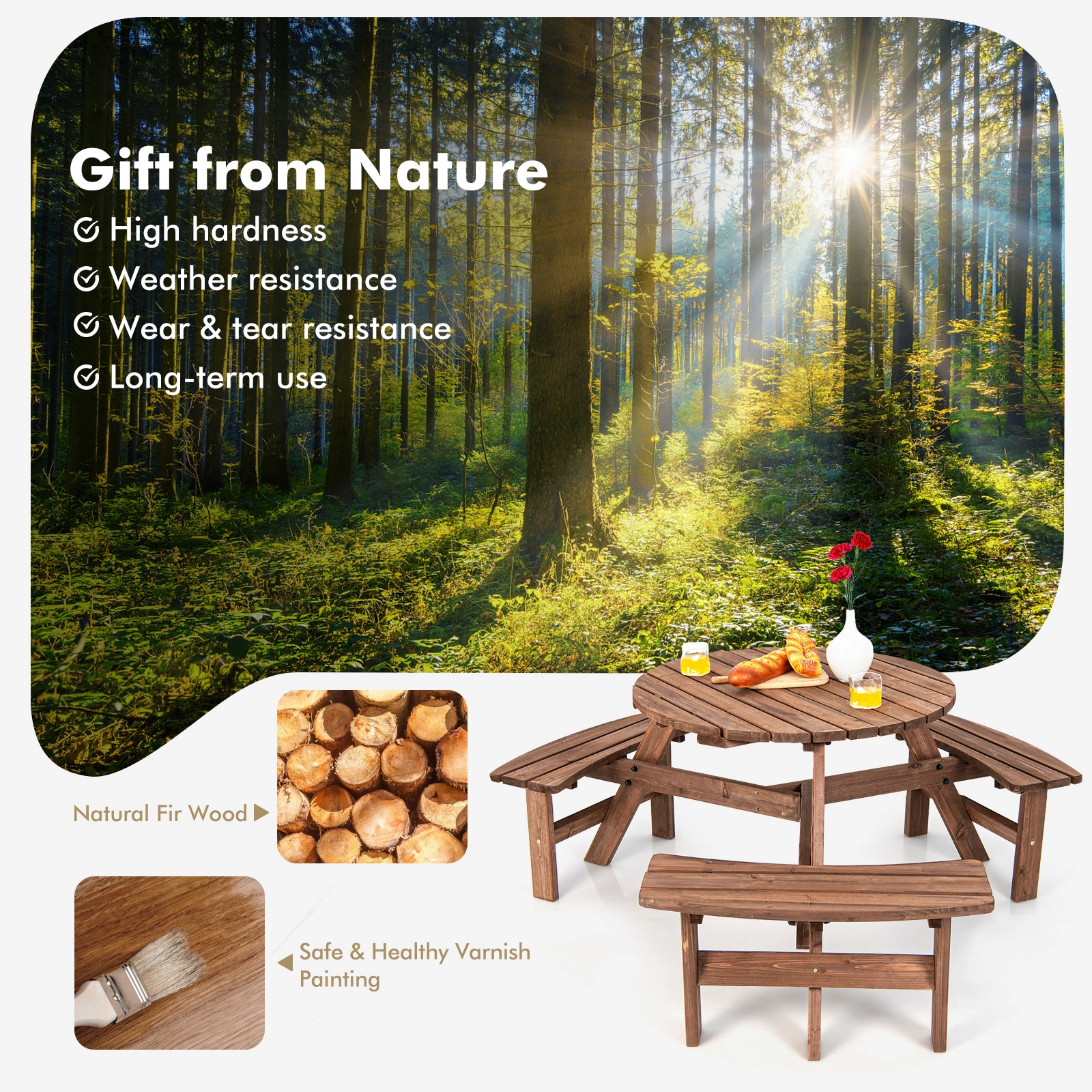 SUGIFT 6-Person Fir Wood Picnic Table Set with Benches and Umbrella Hole 500-Lb Capacity Dark Brown