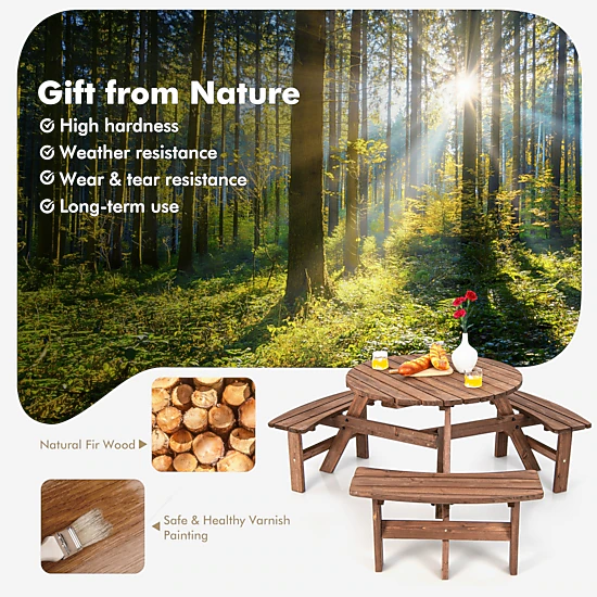 SUGIFT 6-Person Fir Wood Picnic Table Set with Benches and Umbrella Hole 500-Lb Capacity Dark Brown
