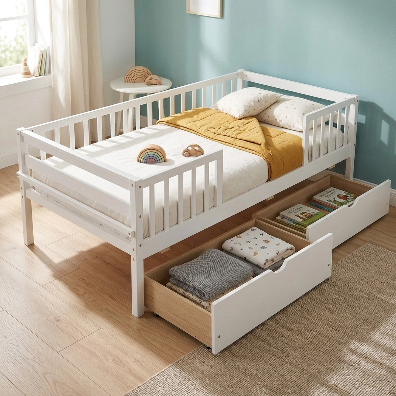 SUGIFT Twin Kids Daybed, 3-Side Fence Rails, 2 Storage Drawers, White