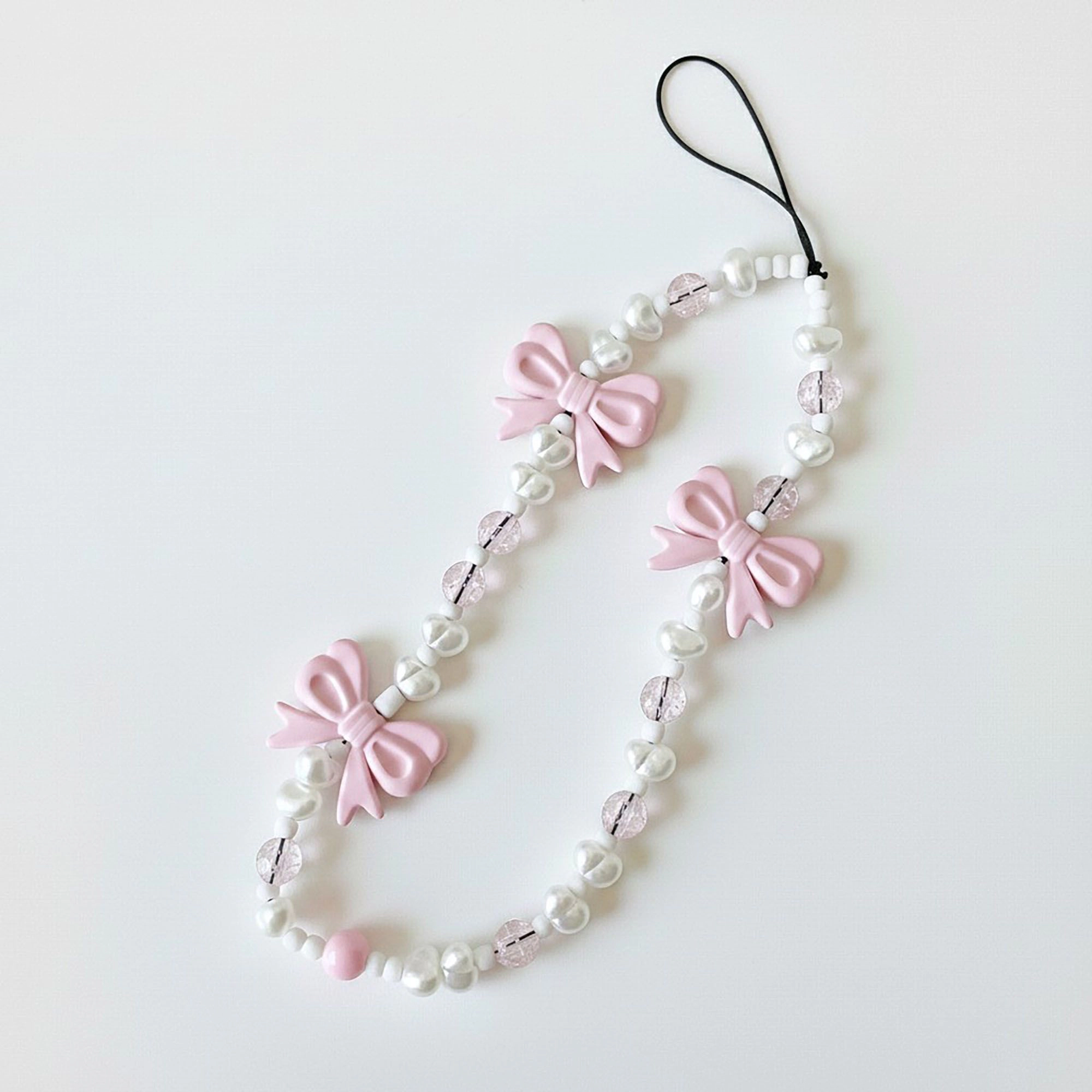 Alilang Women's 3-PC Beaded Bow Phone Charm Strap with Pearl-Style Beads and Decorative Accents