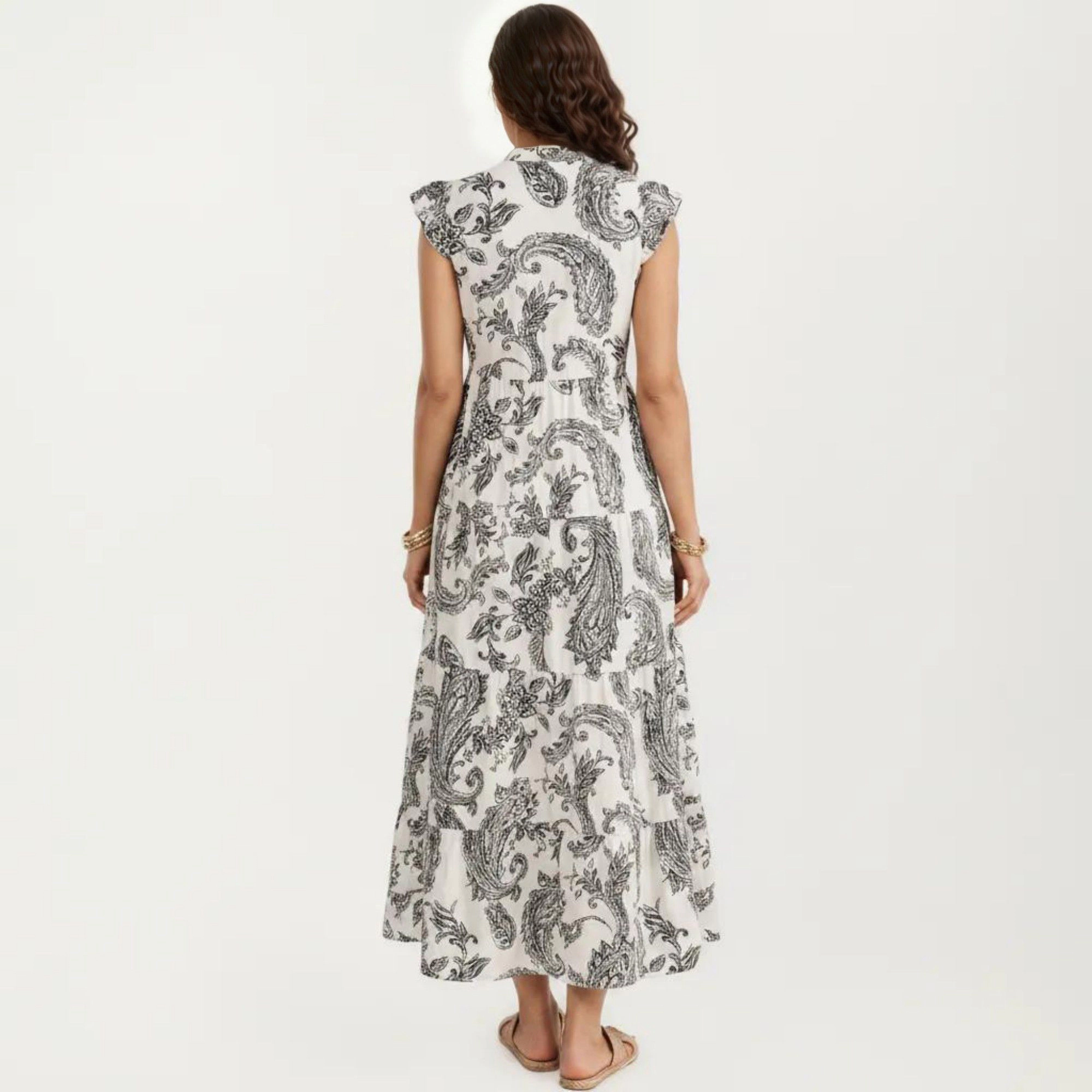 Anna-Kaci Women's Paisley Print Flutter Sleeve Tiered Maxi Dress