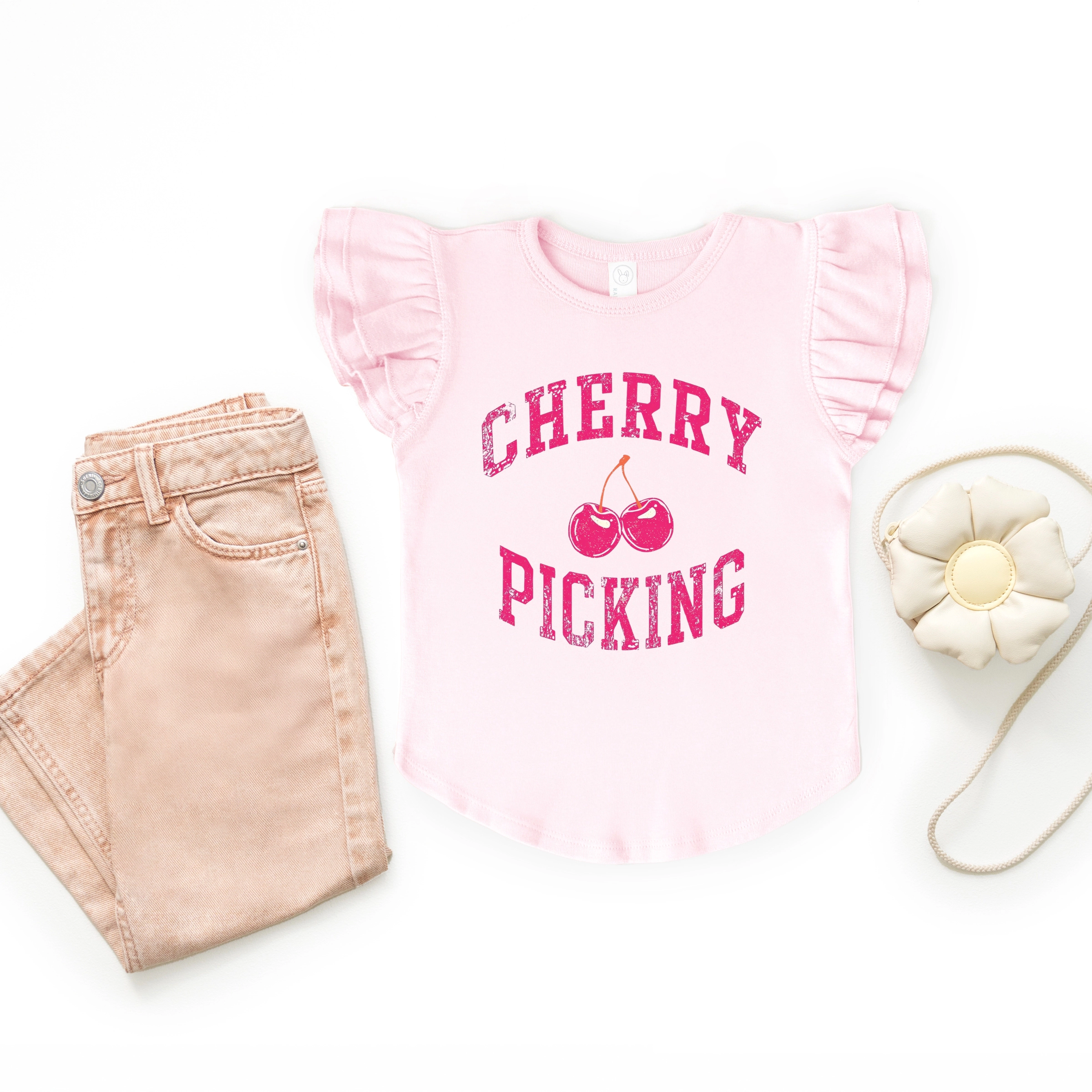 The Juniper Shop Girl's - Cherry Picking Varsity Arched Flutter Sleeve Graphic T-Shirt
