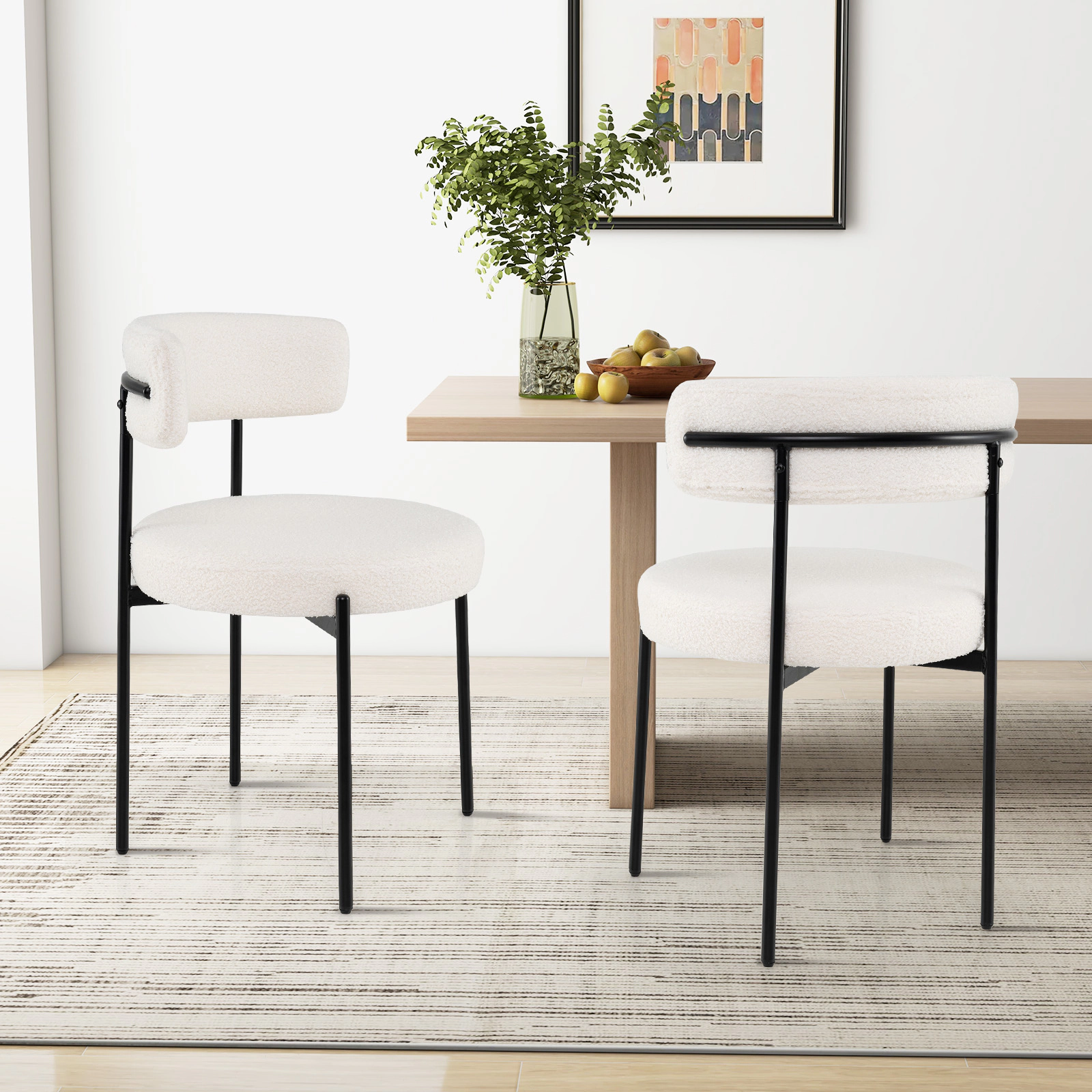 LJG Boucle Dining Chair with Curved Backrest and Metal Legs Set of