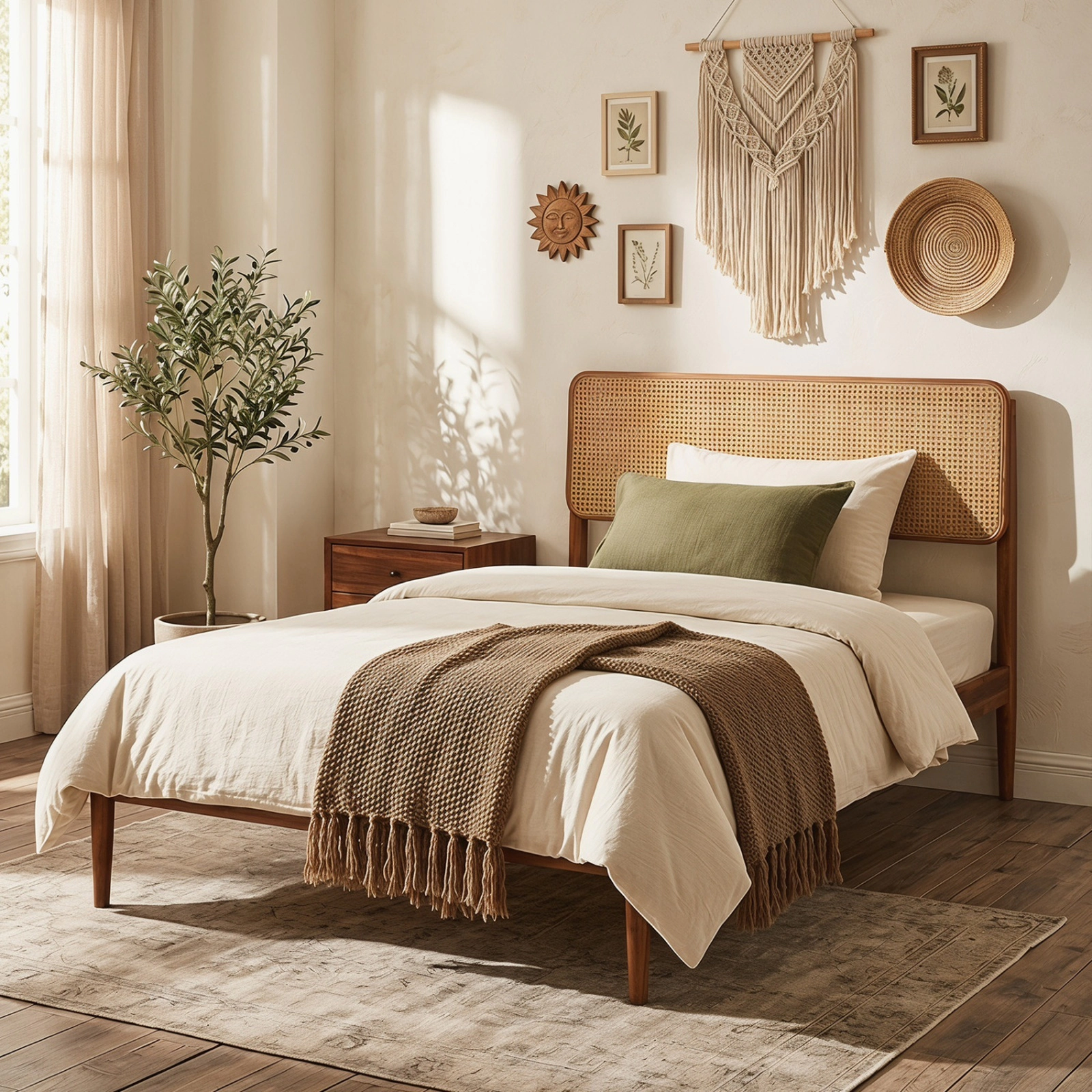SUGIFT Twin Boho Rattan Bed Frame, Acacia Wood Platform, Brown