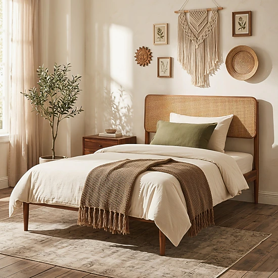 SUGIFT Twin Boho Rattan Bed Frame, Acacia Wood Platform, Brown
