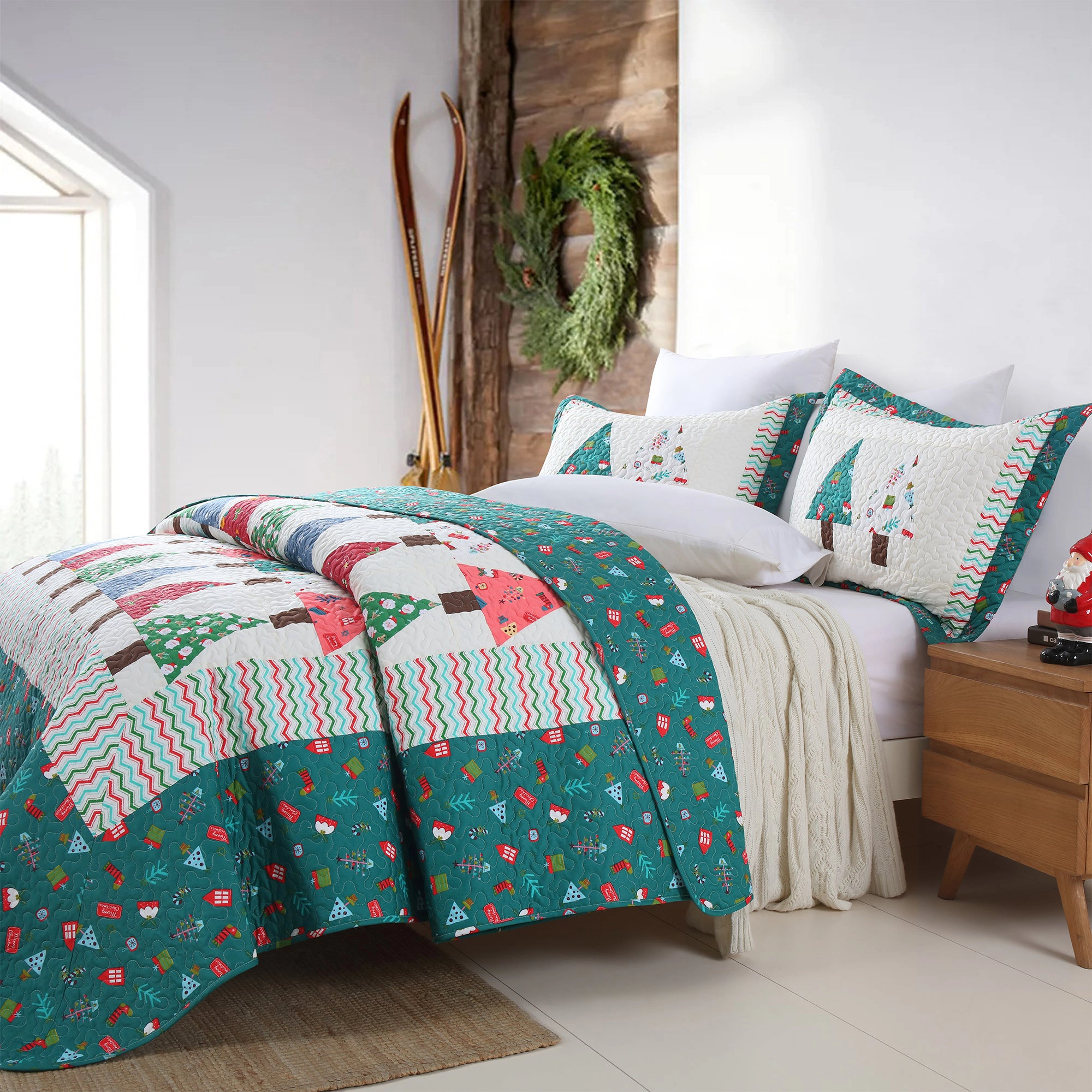 MarCielo 3 Piece Christmas Quilt Set, Christmas Tree Bedspread Set
