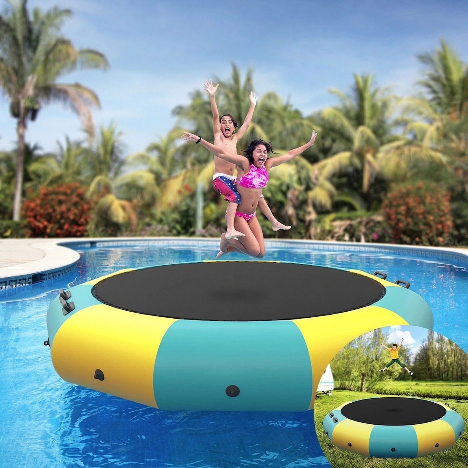 12-ft Inflatable Water Trampoline Lake Floating Bouncer Electric Inflator Rope Ladder Anchor 330-lb Ages 14+ Yellow