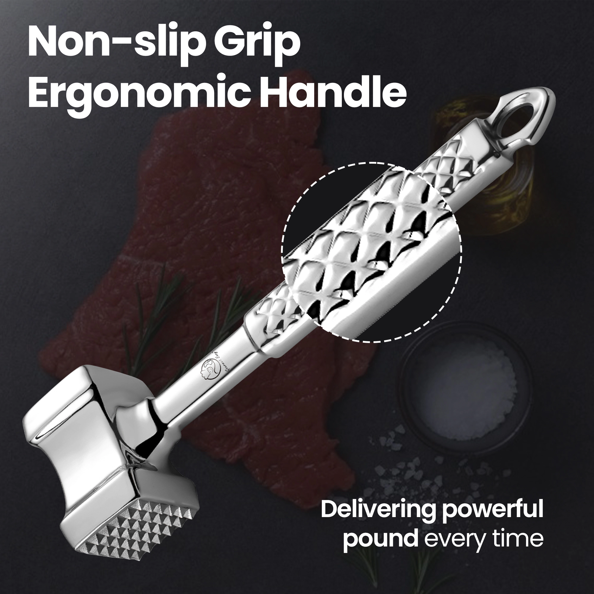 Gourmet Easy Stainless Steel Meat Tenderizer Tool, Meat Mallet, Dual-sided, Non-Slip