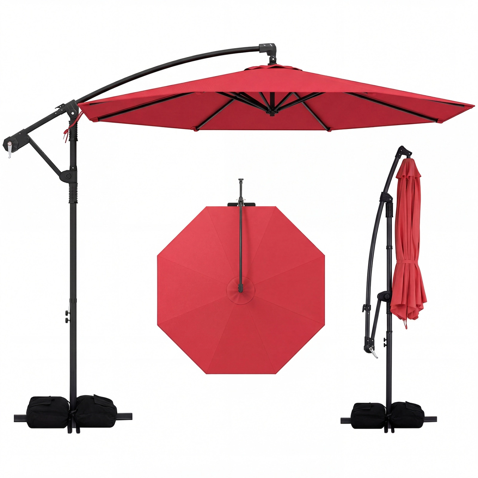 SUGIFT 10-ft Red Offset Cantilever Patio Umbrella with Base 2 220-lb Sandbags Infinite Tilt and 360 Rotation