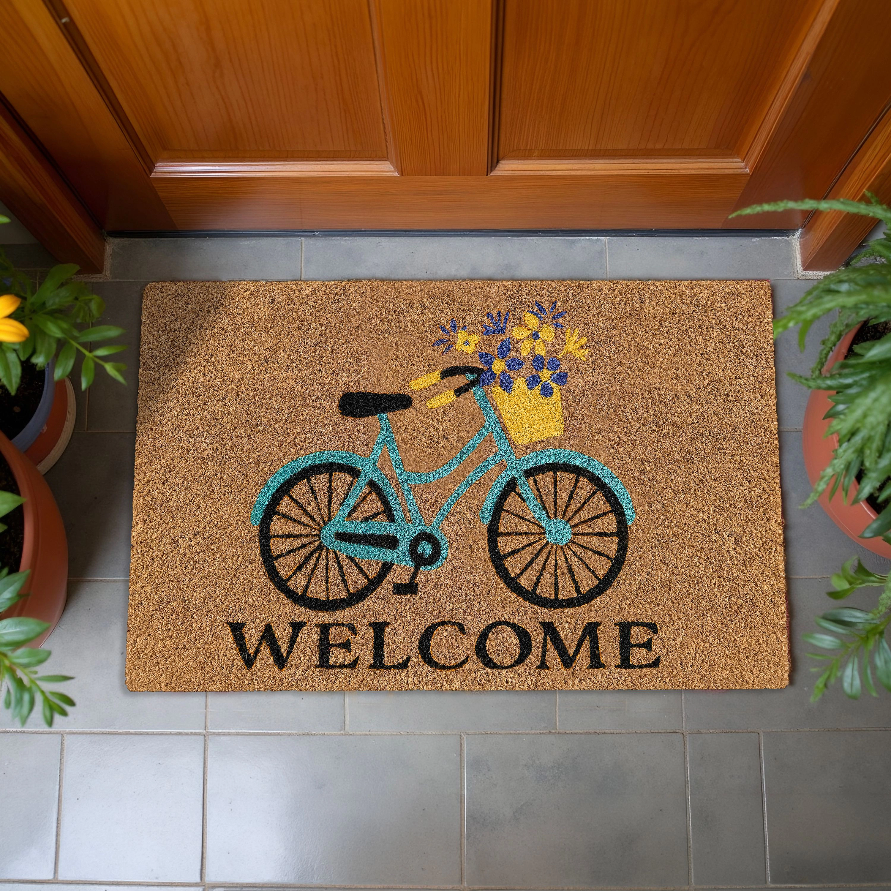 Kate Aurora Spring Bicycle & Bouquet Bristled Coir Outdoor Welcome Mat - 18"x30"