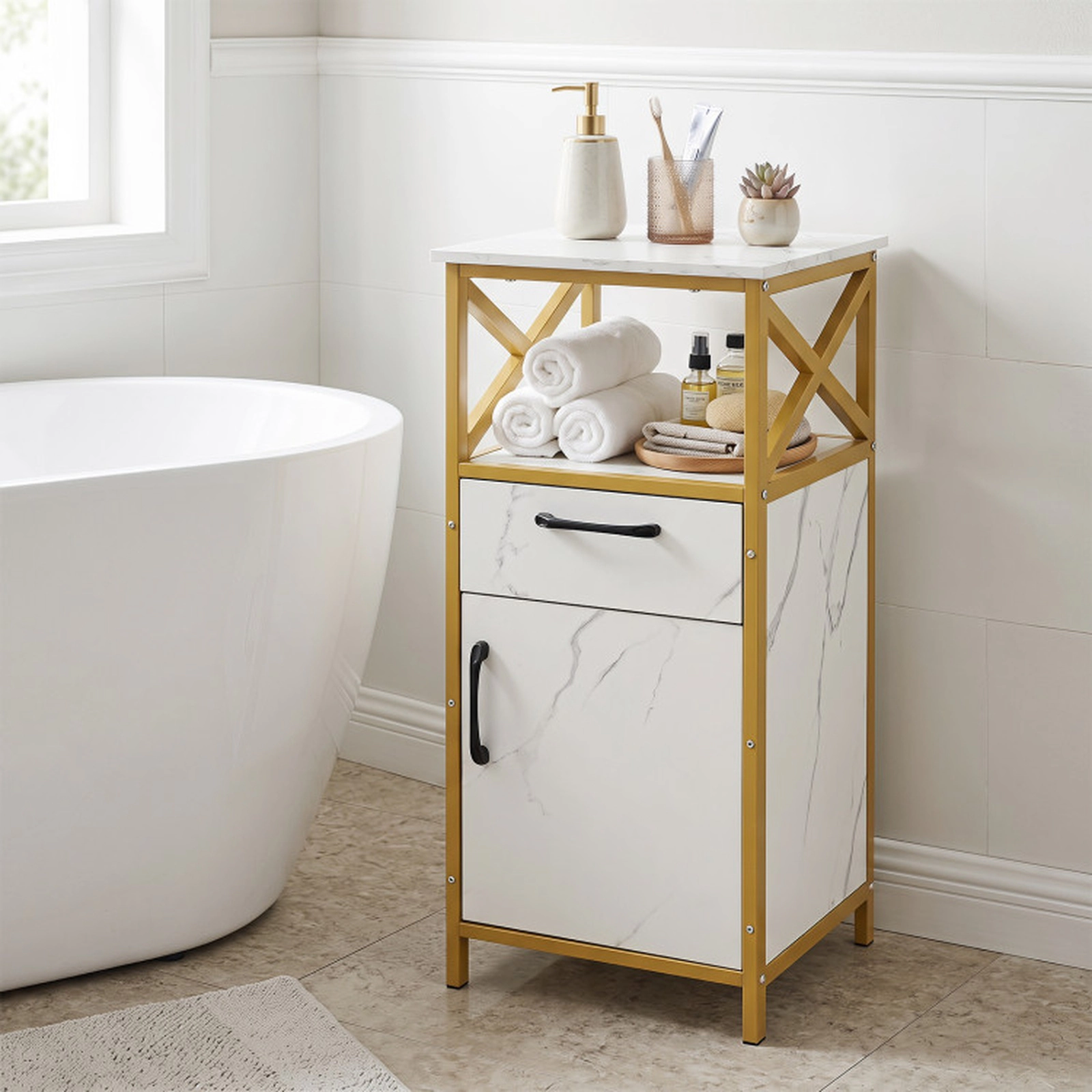 SUGIFT White and Golden Faux Marble 44-lb Top Bathroom Storage Cabinet with Drawer Single Door and Open Shelf