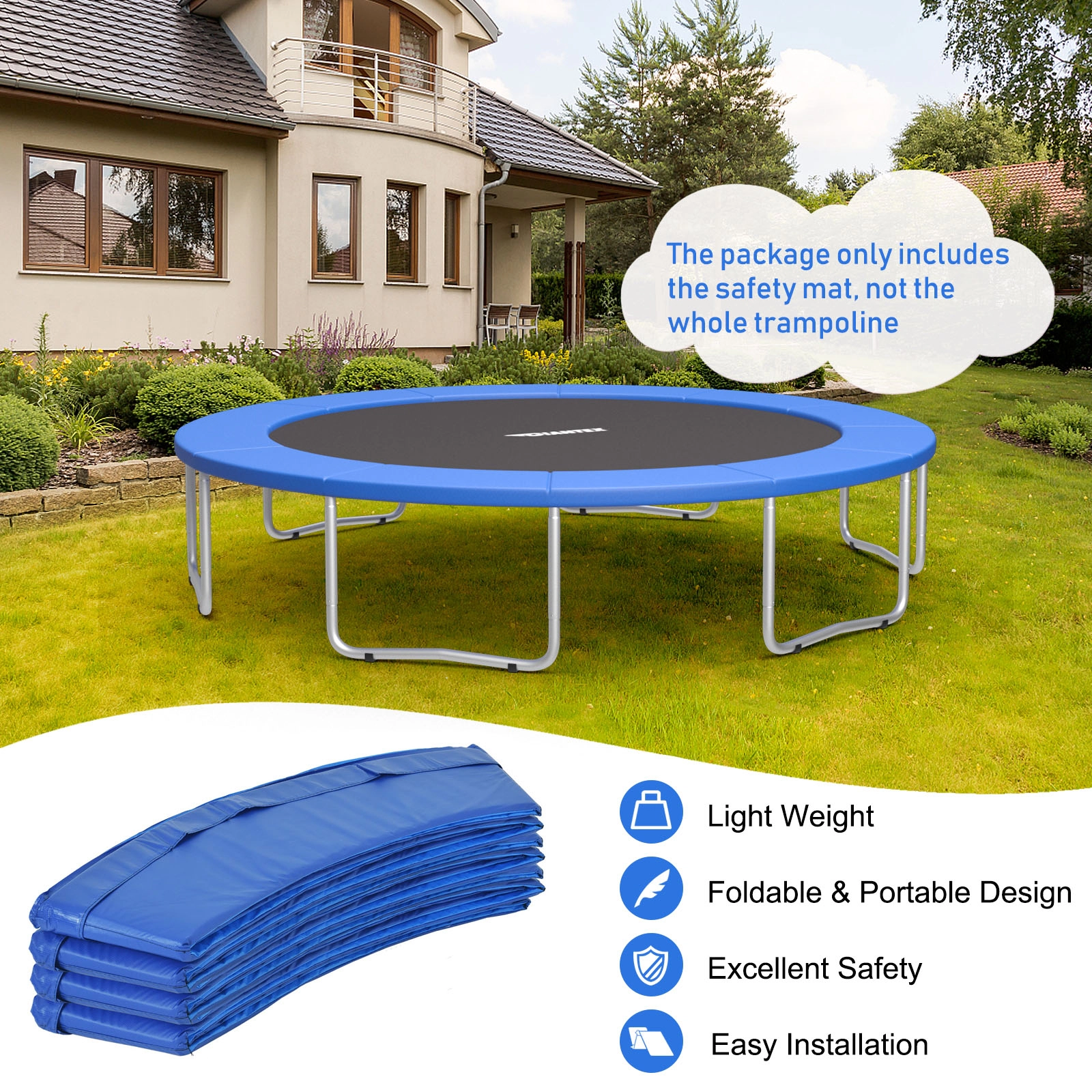 14-ft Universal Trampoline Safety Pad Spring Cover 12-in Width 0.6-in EPE Foam Elastic Straps Waterproof Blue
