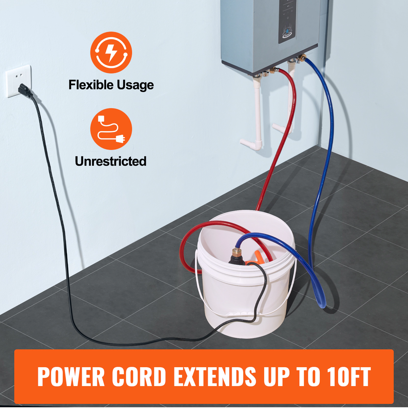 HONGGE Tankless Water Heater Flushing Kit, Includes Efficient Pump & Gallon Pail & 2 Hoses