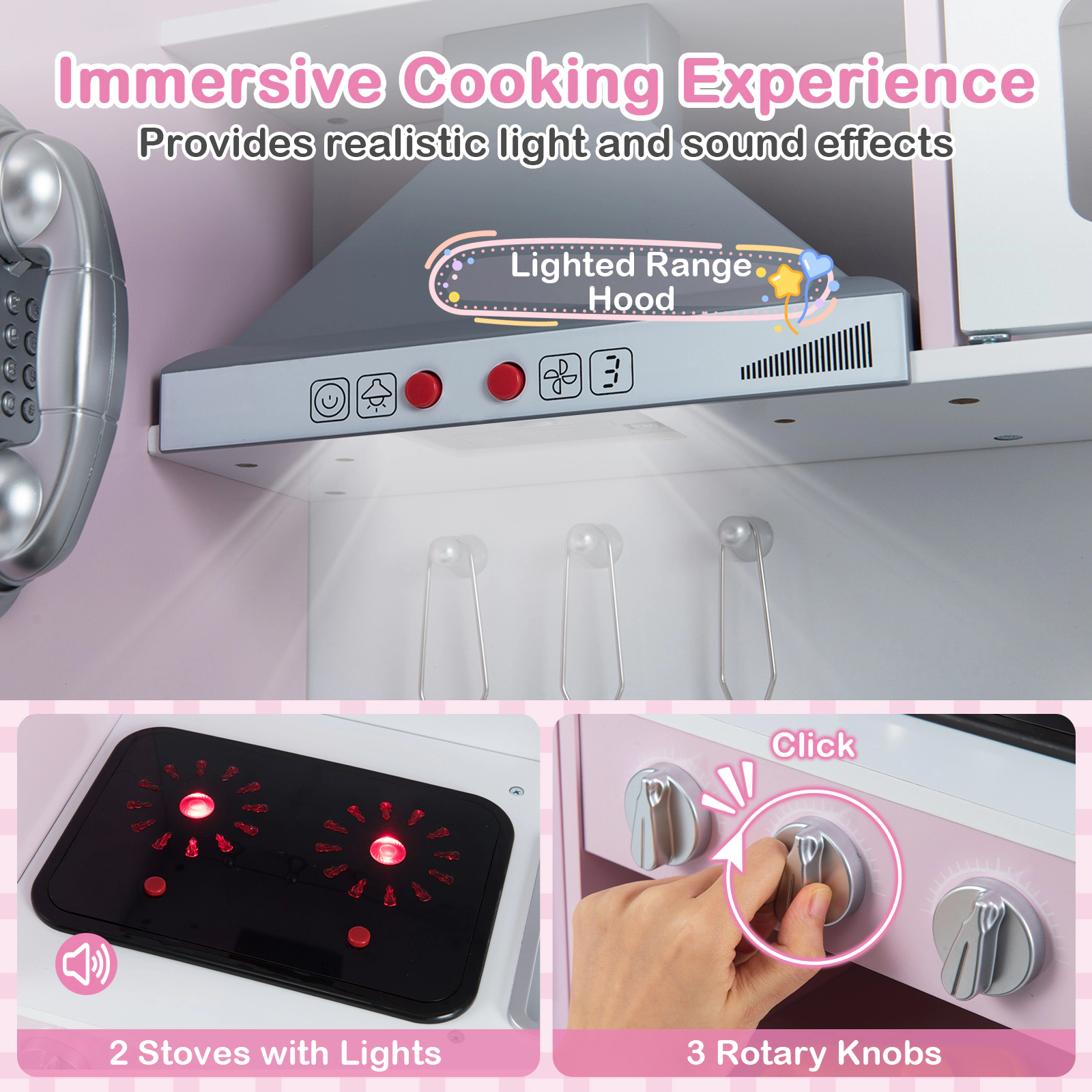 Pretend Play Kitchen 3-Position Adjustable Height Range Hood Ice Maker Telephone 32.5-in x 11.5-in x 40.5-in Pink