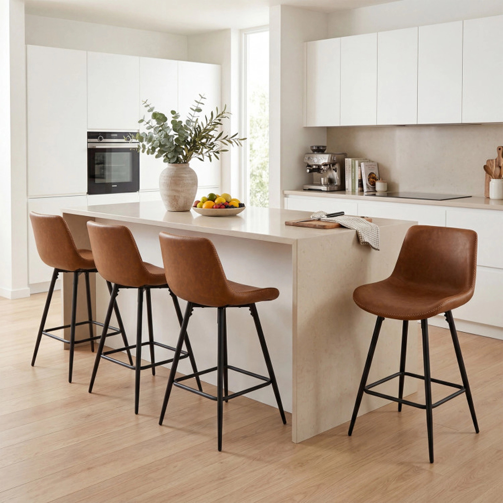 SUGIFT Brown Curved Backs Faux Leather Seats and Footrests Set of 4 24 Inch Bar Stool