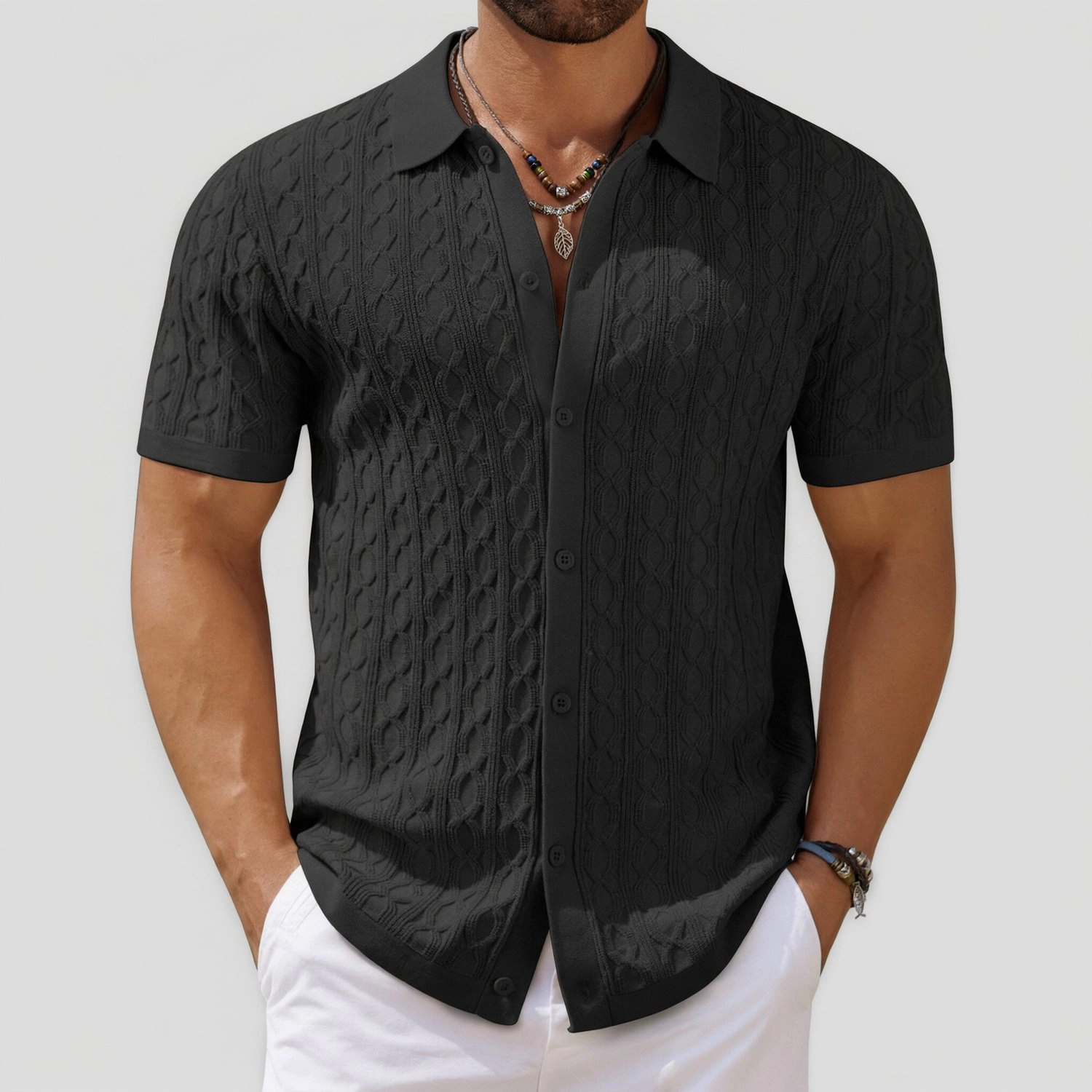 COOFANDY Mens Cable Knit Polo Shirt Short Sleeve Button Down Casual  Tops