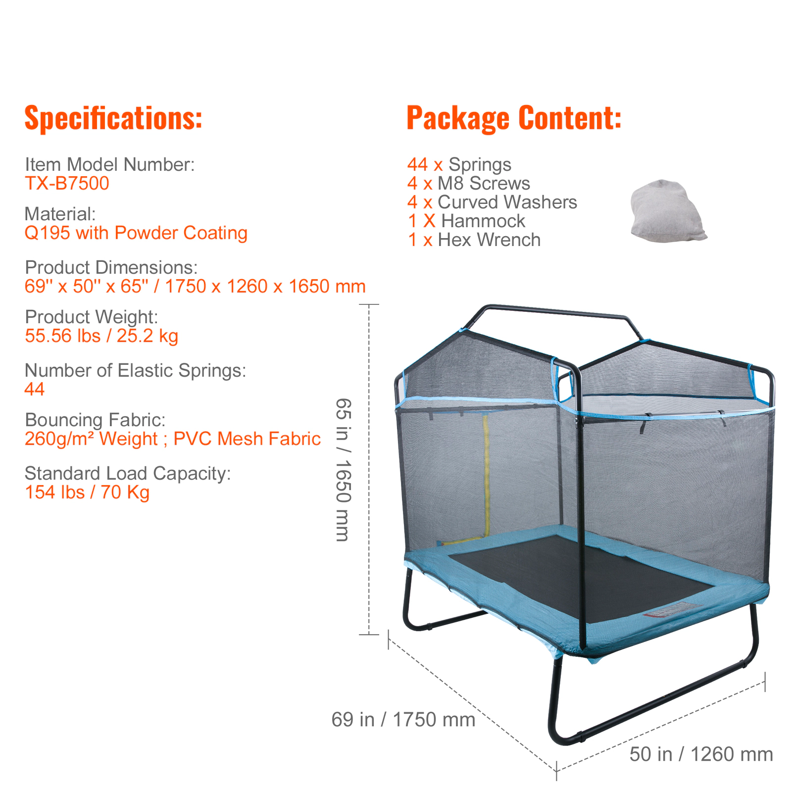 HONGGE 6FT Kids Trampoline with Safety Enclosure Net, Gymnastics Bar & Hammock, 220 lbs Capacity
