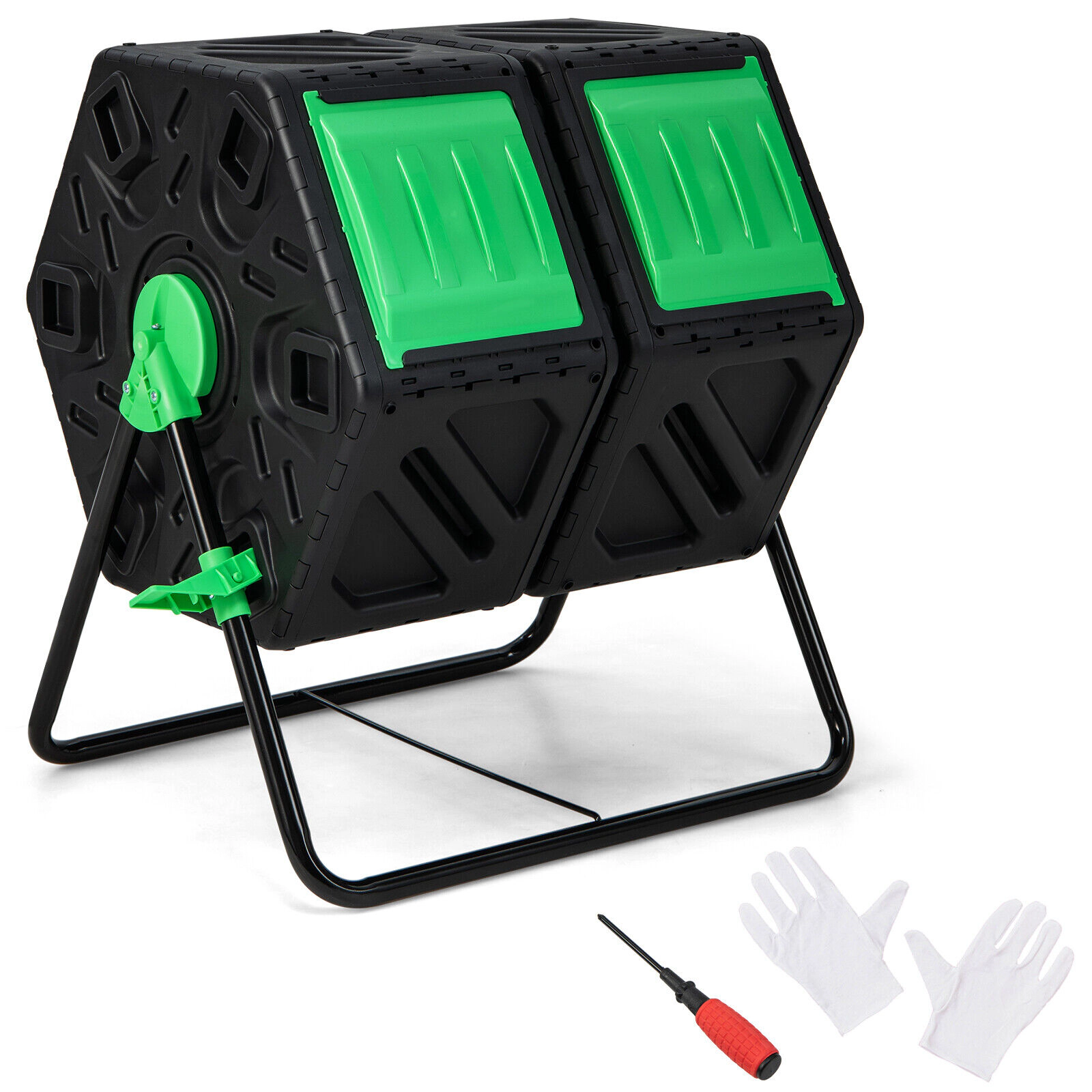 SUGIFT 34.5-gal Dual Chamber Outdoor Compost Tumbler with 360-Degree Rotation and Sliding Doors