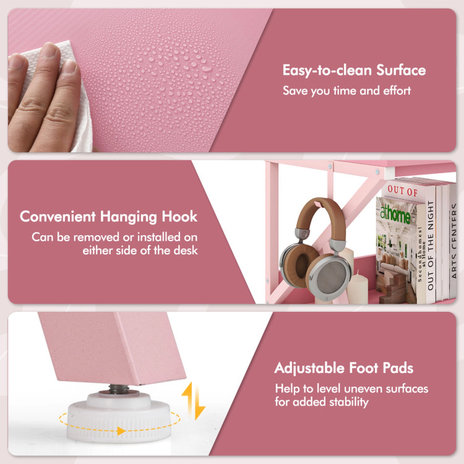 SUGIFT 39.5-in Pink Computer Desk with Monitor Stand, Shelf and Hooks