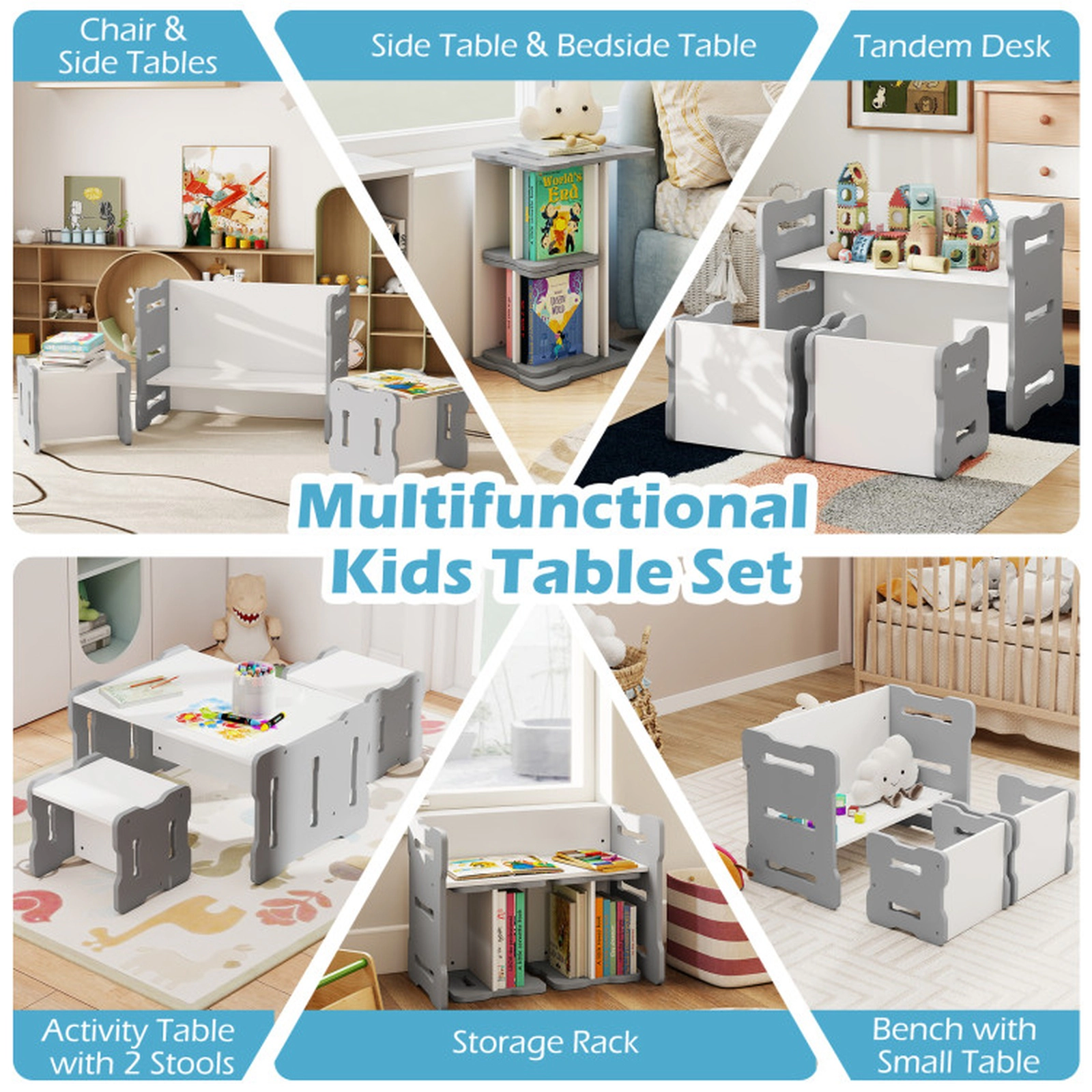 SUGIFT 3-Piece Toddler Study and Activity Table Set with 2 Stools 77-lb Capacity MDF 27-in Desk Gray/Natural