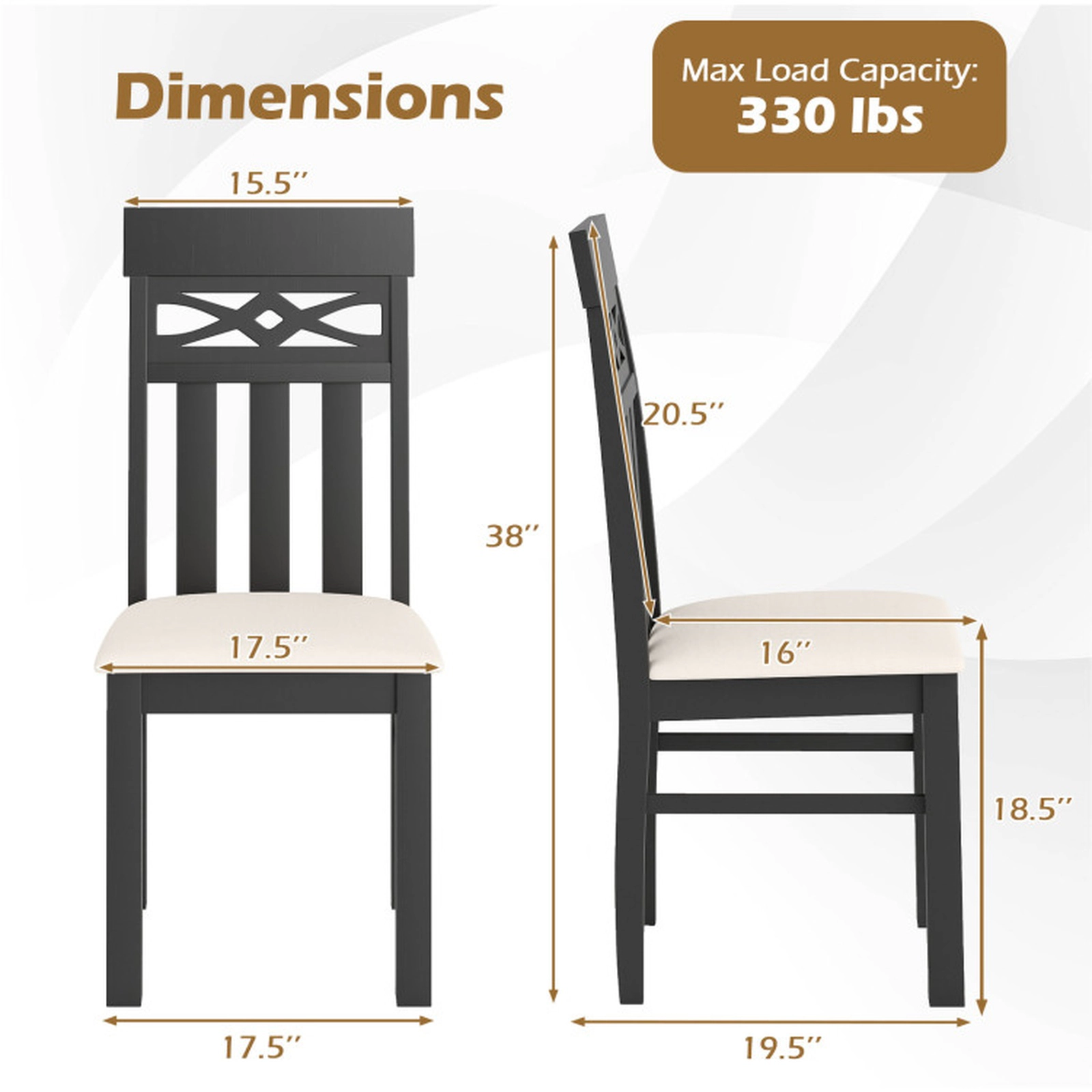 SUGIFT Black High Back Padded Seat and Rubber Wood Frame Set of 2 Dining Chairs