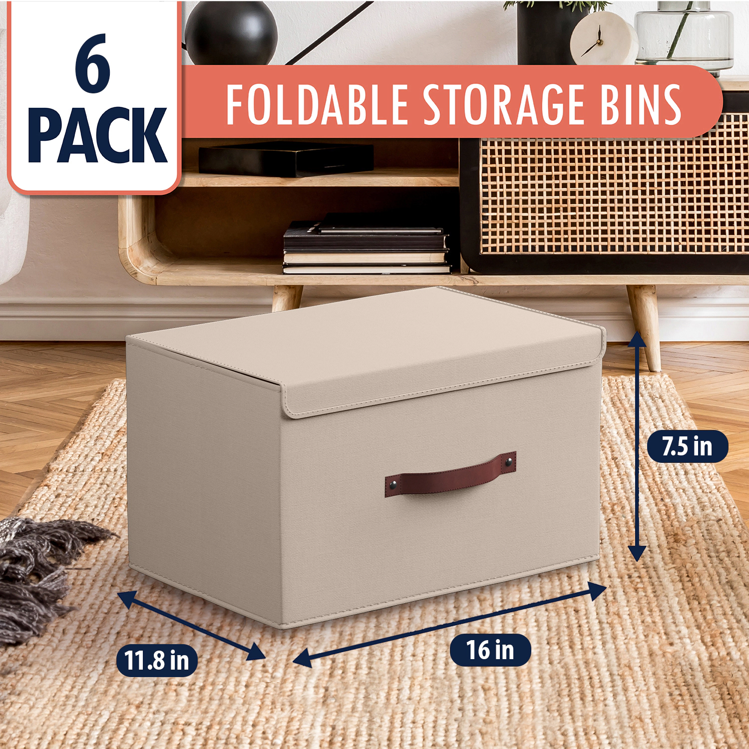Ornavo Home 6 Pack Foldable Linen Storage Bin with Faux Leather Handles and Lid