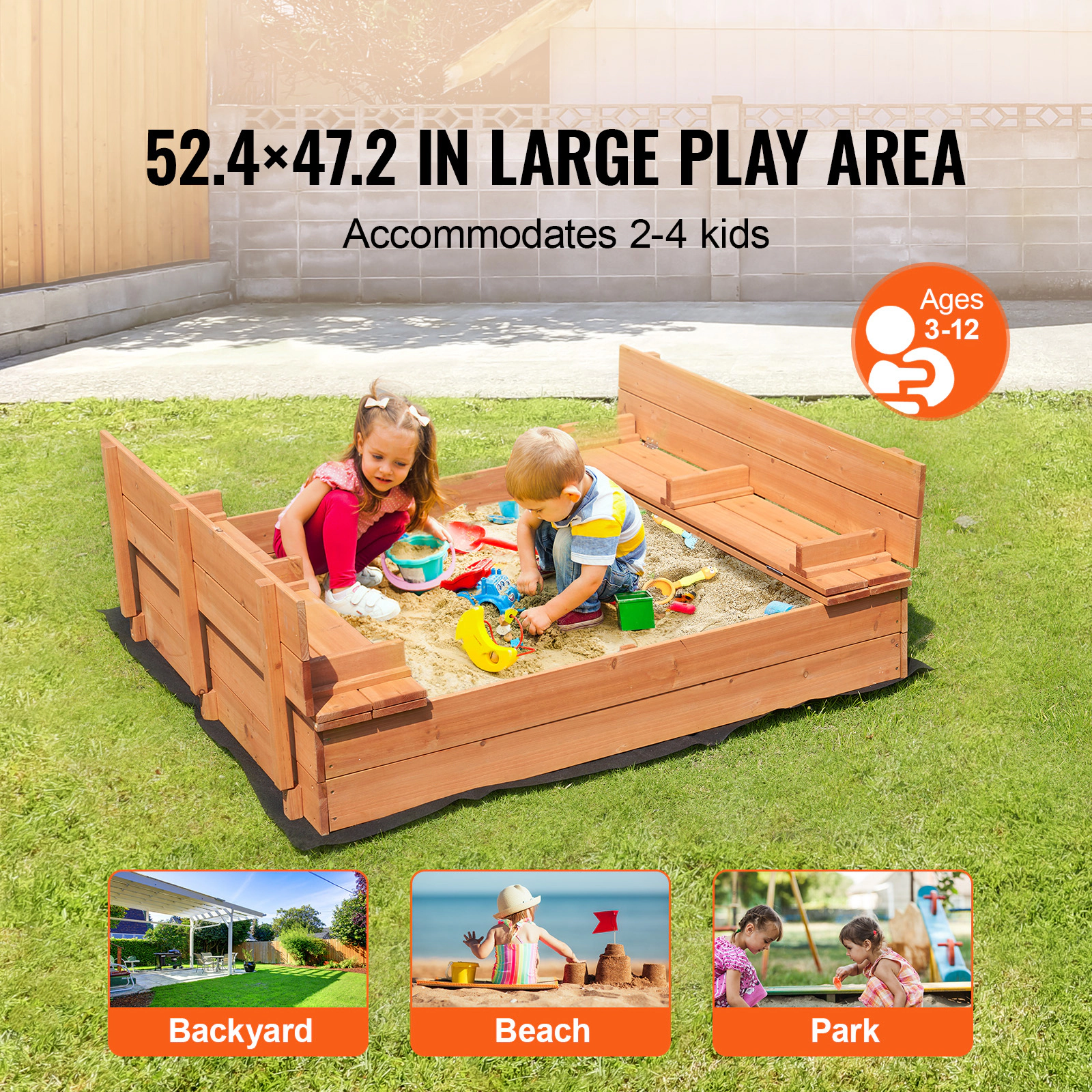 HONGGE Sandbox with Sand Pit and Bottom Liner for Outdoor Backyard Beach Park, Gift for Ages 3-12