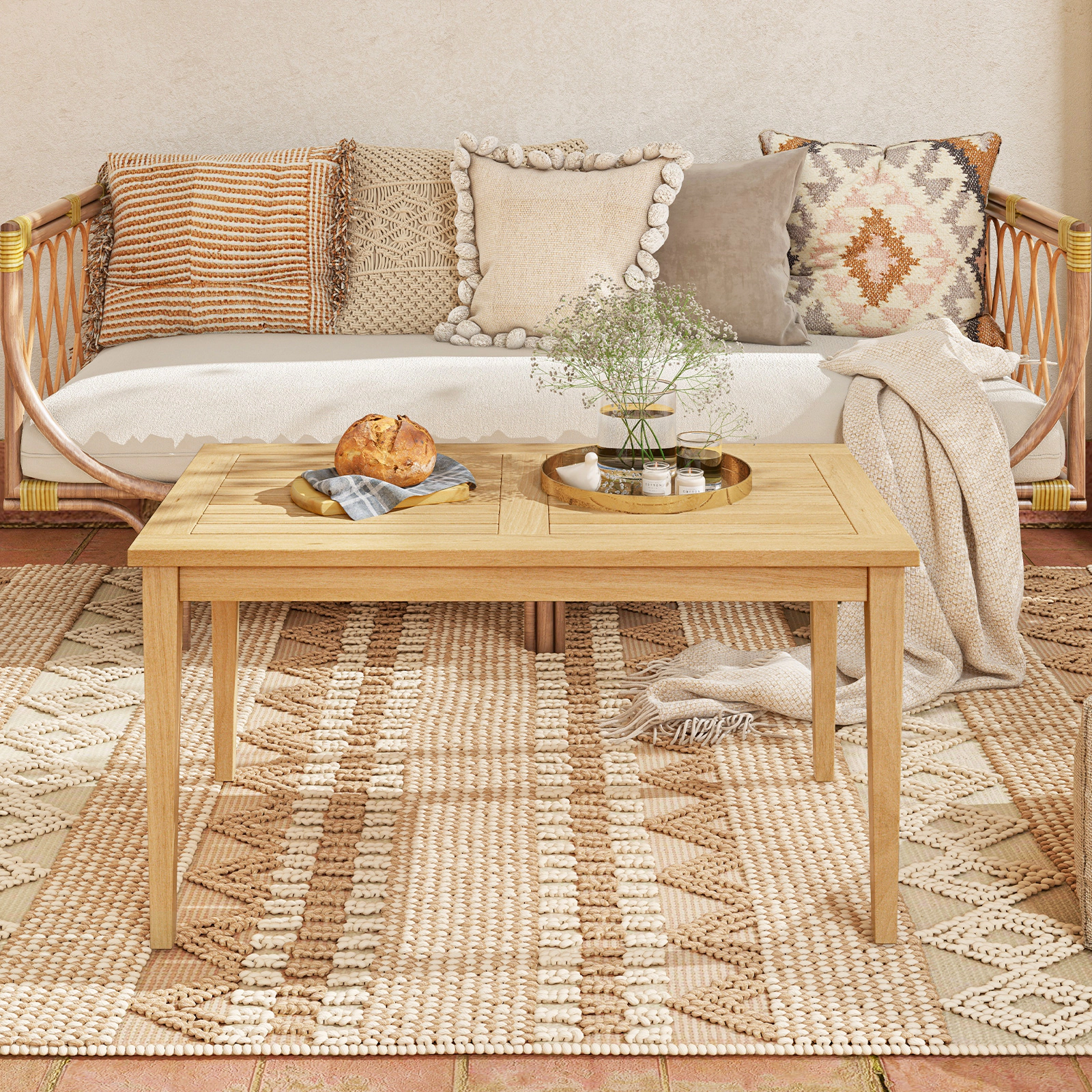 SUGIFT Natural Teak Wood Slatted Outdoor Patio Coffee Table, 35.5 x 20 x 18 in