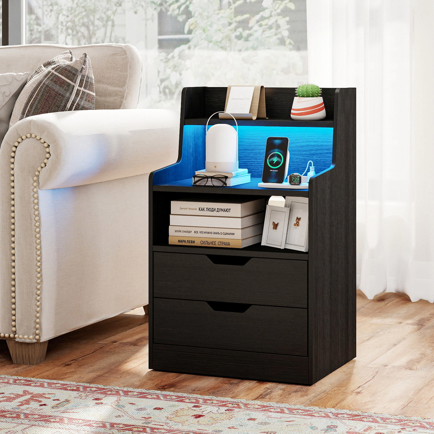 LJG Nightstand with LED Light and Charging Station for Living Room Bedroom