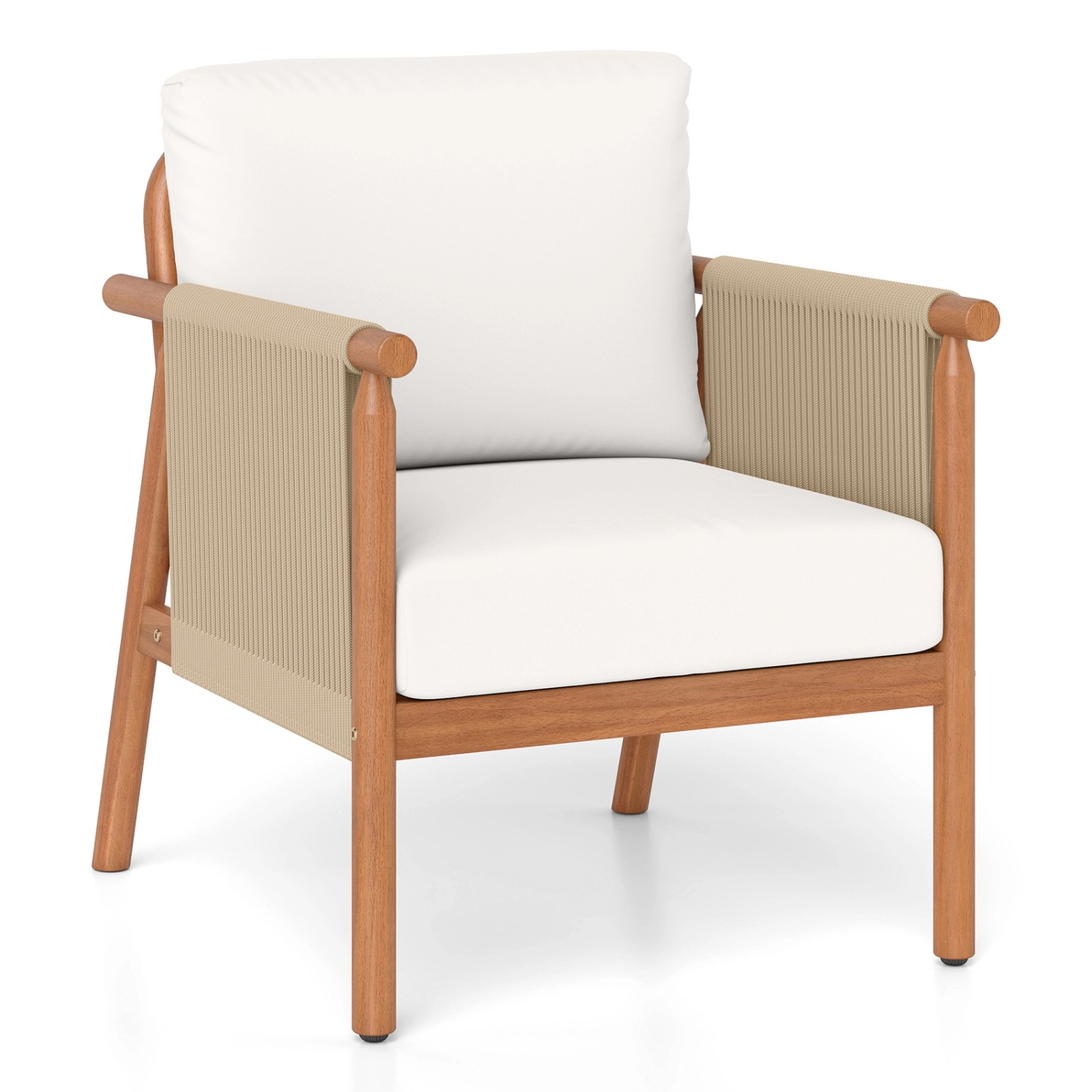 SUGIFT Boho Woven Rope Armrests Dining Chair 400-lb Capacity with Seat and Back Cushions White/Gray