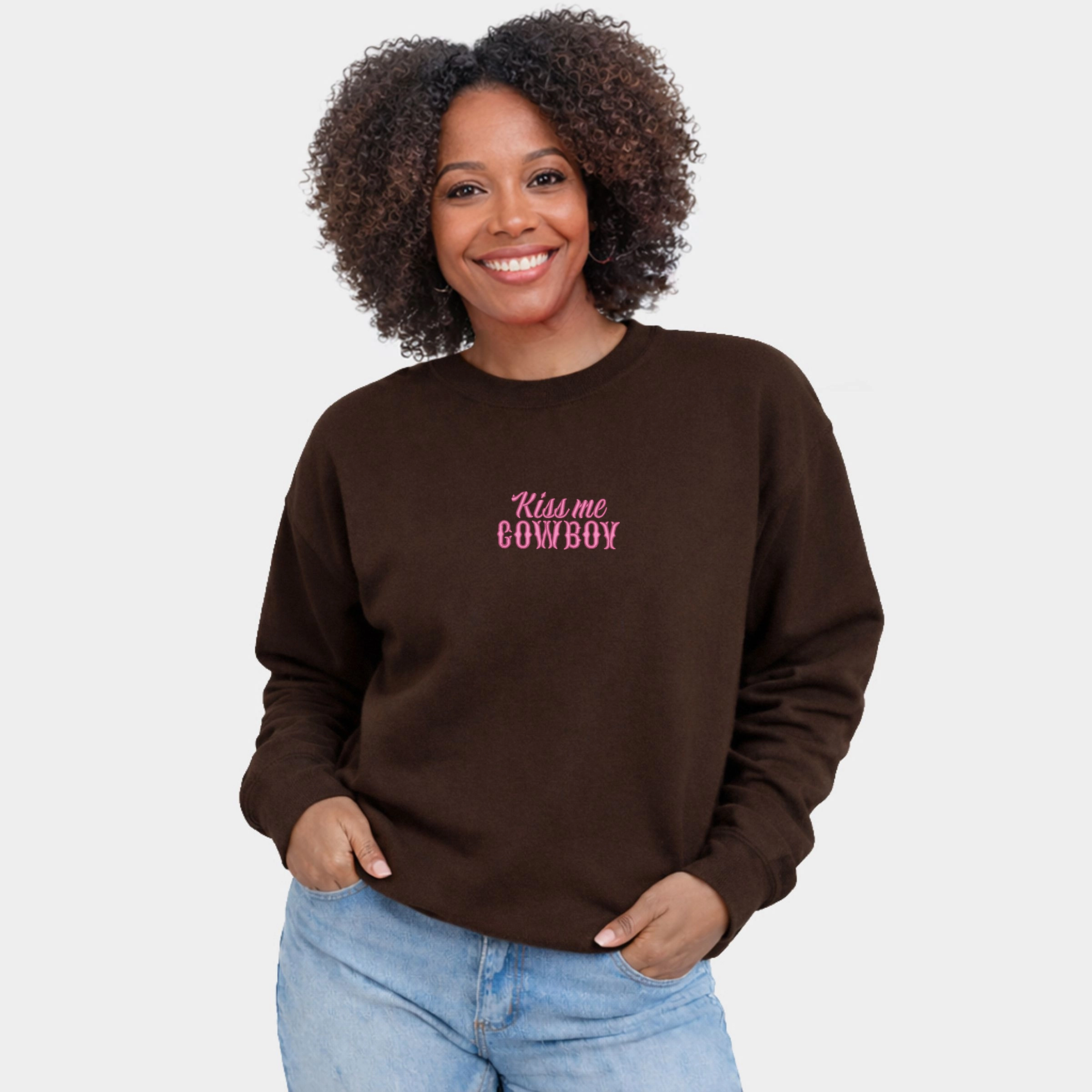 Simply Sage Market "Kiss Me Cowboy" Women's Embroidered Graphic Sweatshirt