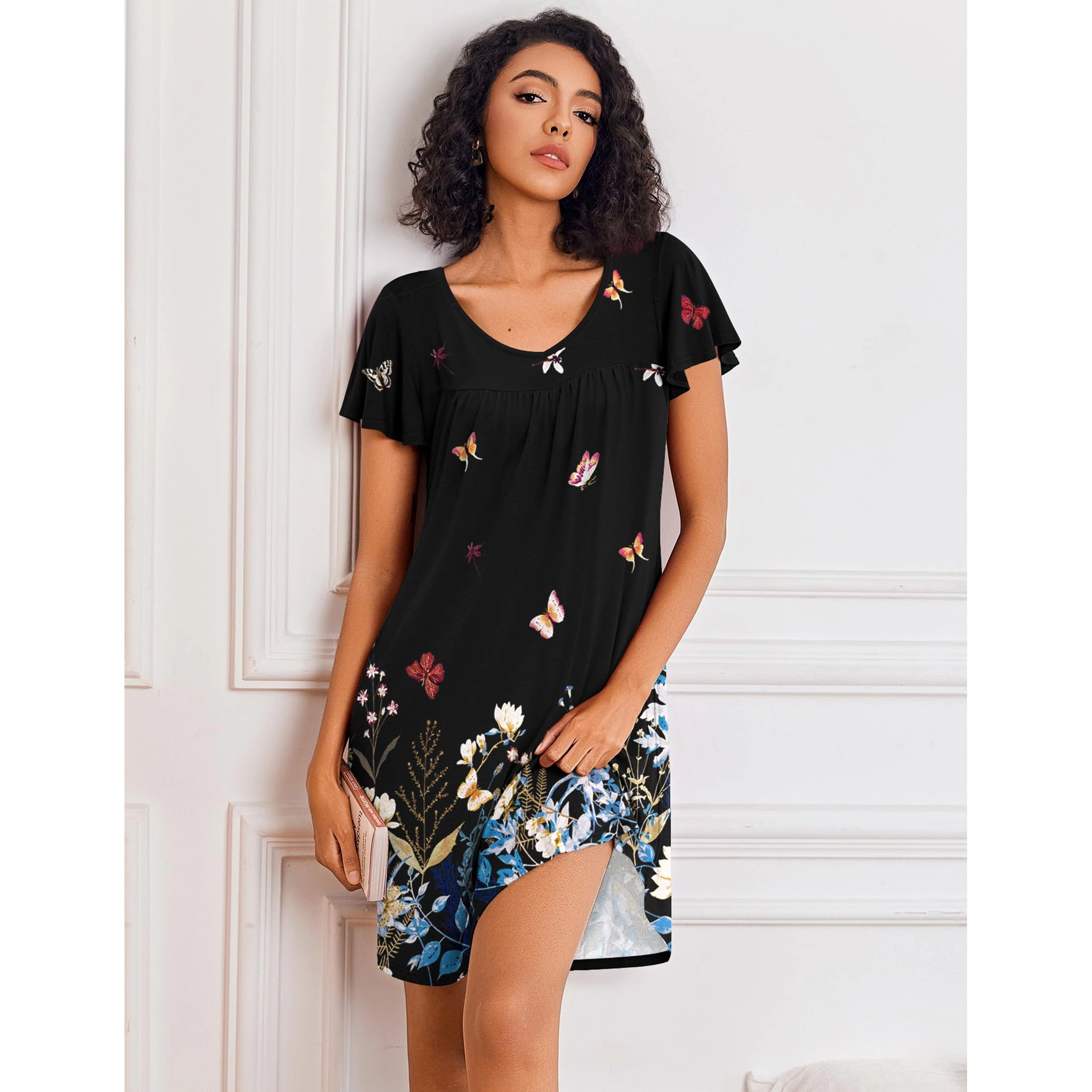 Ekouaer Nightgowns for Women Short Sleeve Sleep Shirts Pleated Night Dress V Neck Soft