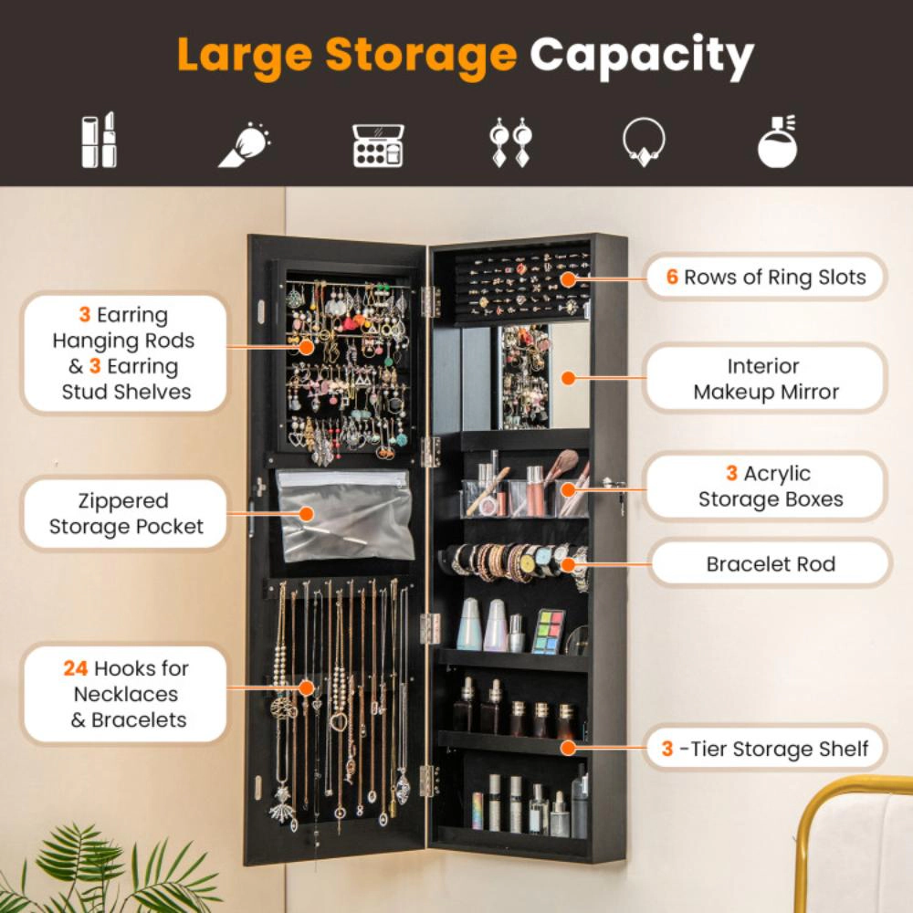 Hivvago Mirrored Jewelry Armoire with Full Length Mirror and 2 Internal LED Lights