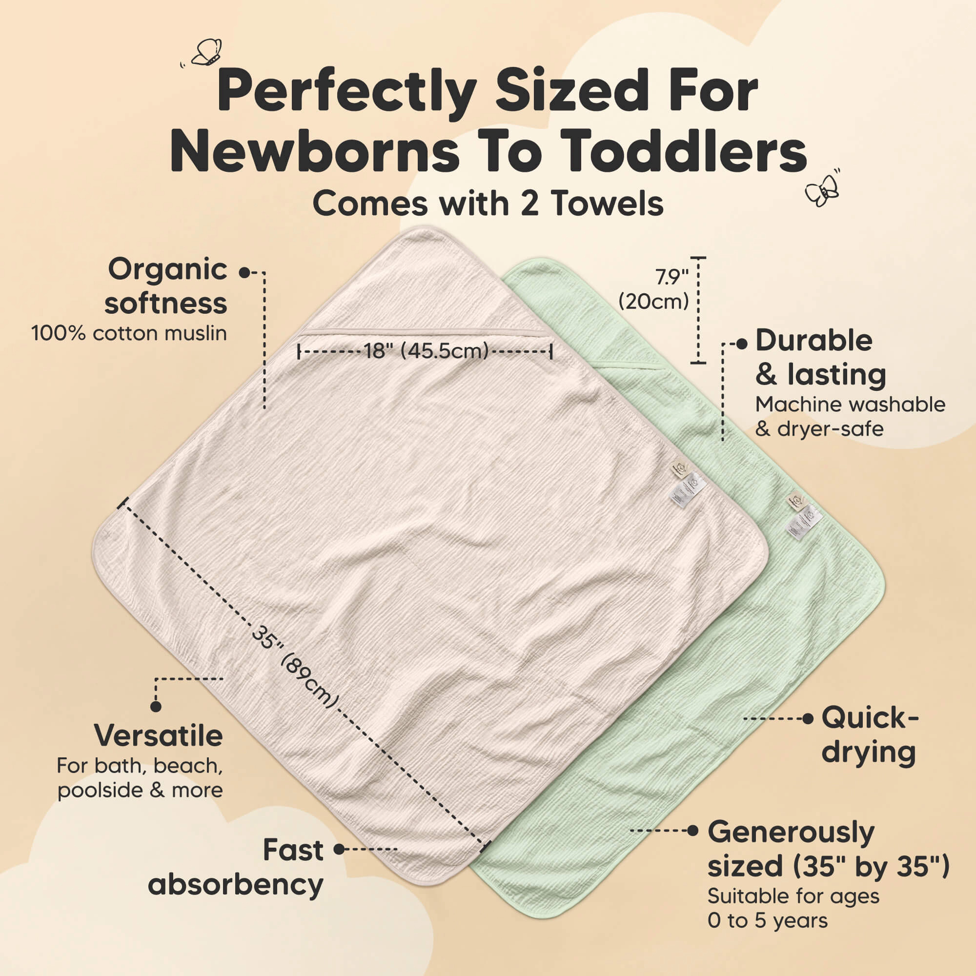 KeaBabies 2-Pack Lyra Muslin Hooded Towels, Regular