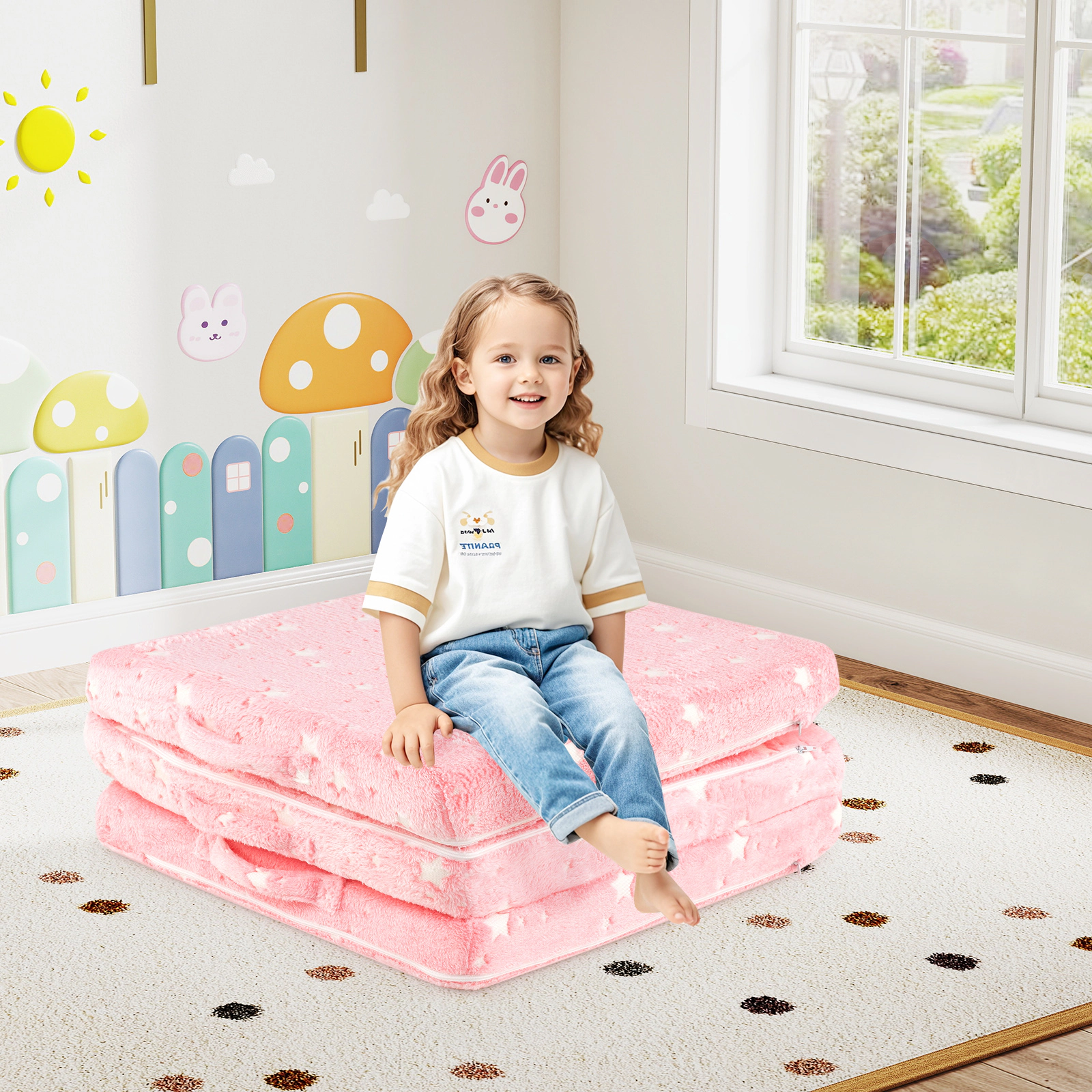 SUGIFT Tri-Folding Kids Floor Seat Cushion Mattress with Washable Flannel Cover 60.5-in Long Pink Glow-in-the-Dark