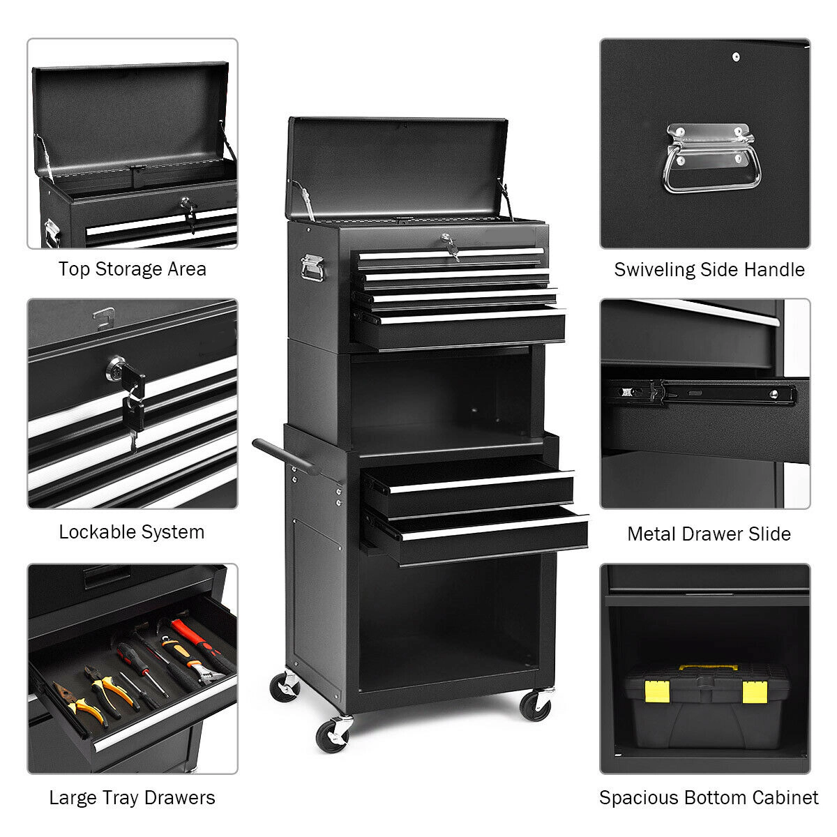 SUGIFT 6-Drawer Tool Chest with Heightening Cabinet 200-lb Capacity Black