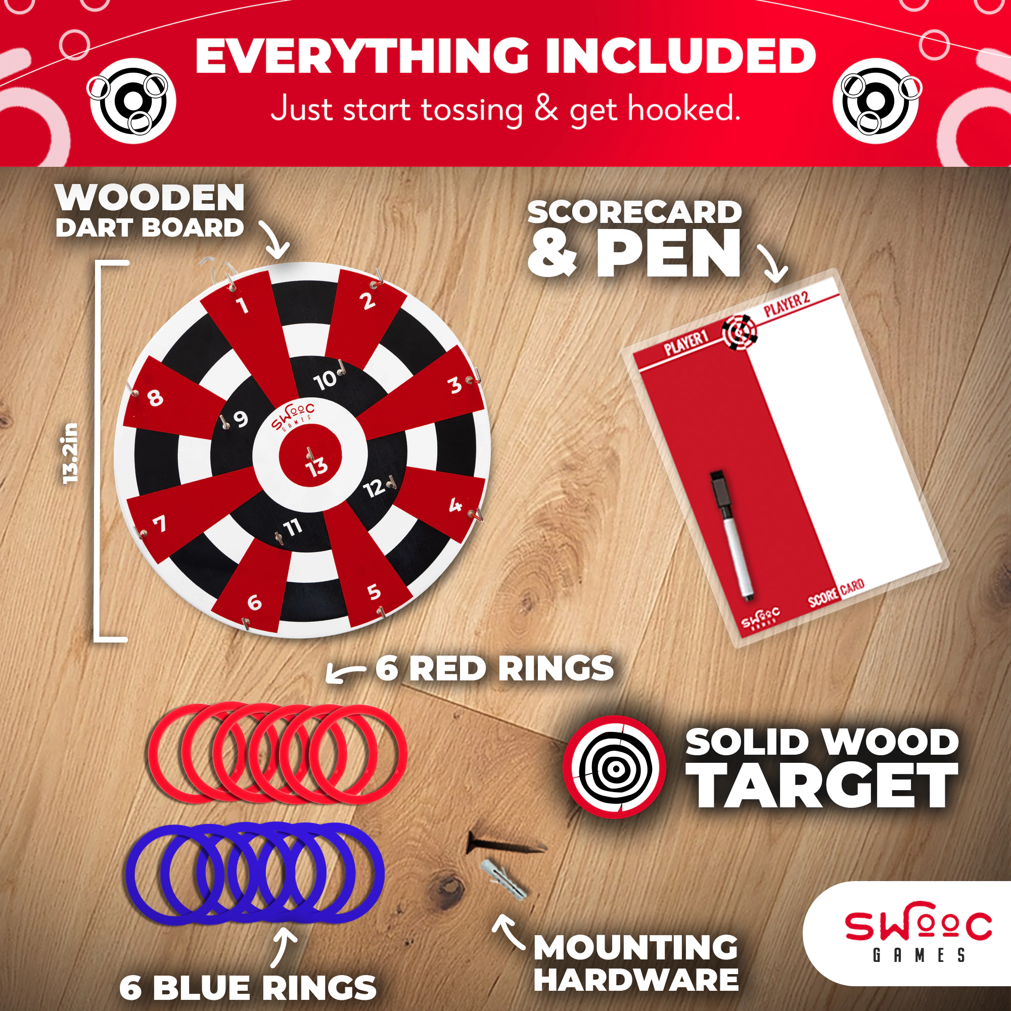 Swooc Games | Hook Darts Ring Toss Game | Wood Board and Soft Rings