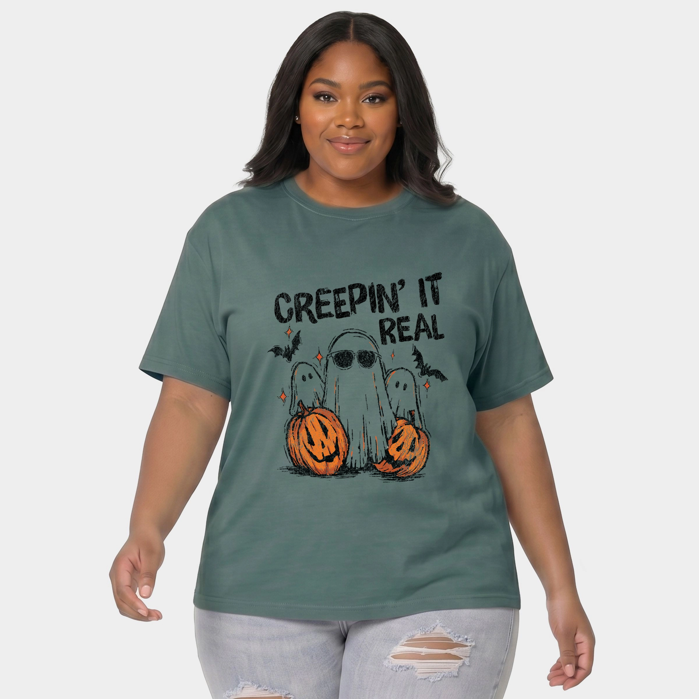 Simply Sage Market - Women's Plus Sized Garment Dyed Graphic T-Shirt Creepin it Real Ghosts