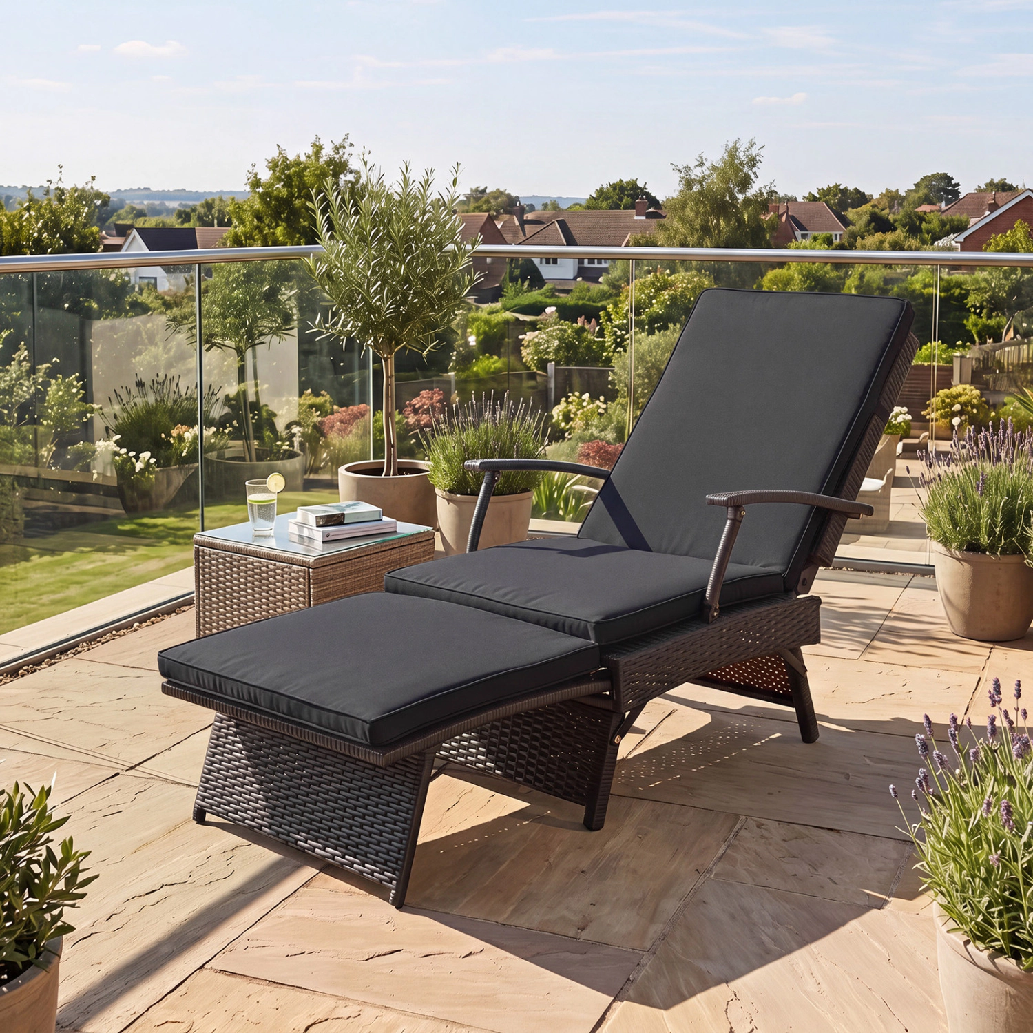 LJG Folding Wicker Chaise Lounge with Slide-Out Ottoman11-Level Adjustable Backrest to Flat and Sun-Proof PE Rattan