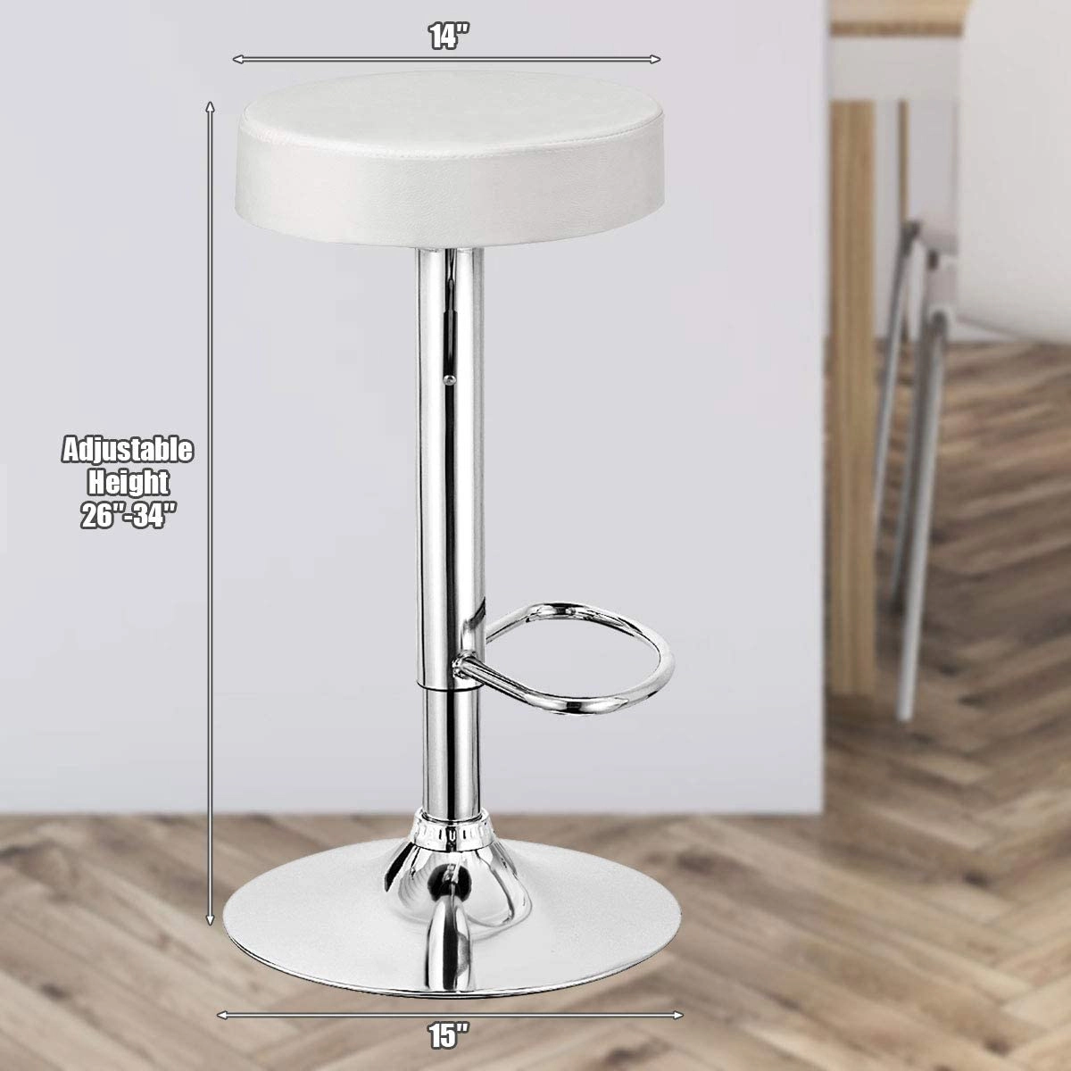 SUGIFT Height Adjustable Round PU Leather Swivel Bar Stools with Chrome Footrest 250-lb Capacity Set of 2 White