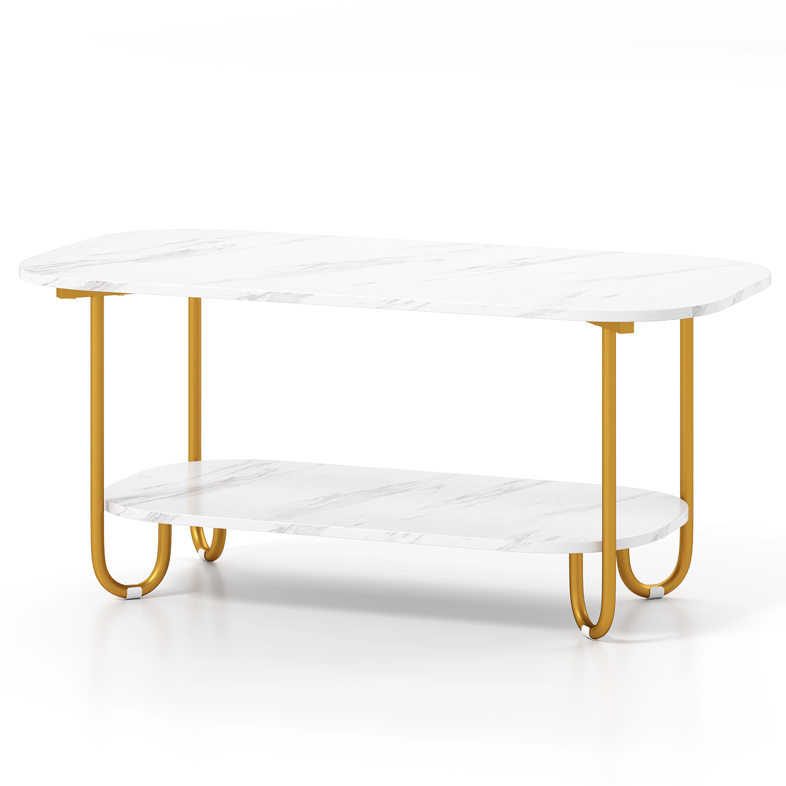 SUGIFT Modern 2-Tier Faux Marble Top Coffee Table 42-in Wide 110-lb Tabletop Capacity 66-lb Shelf Capacity White